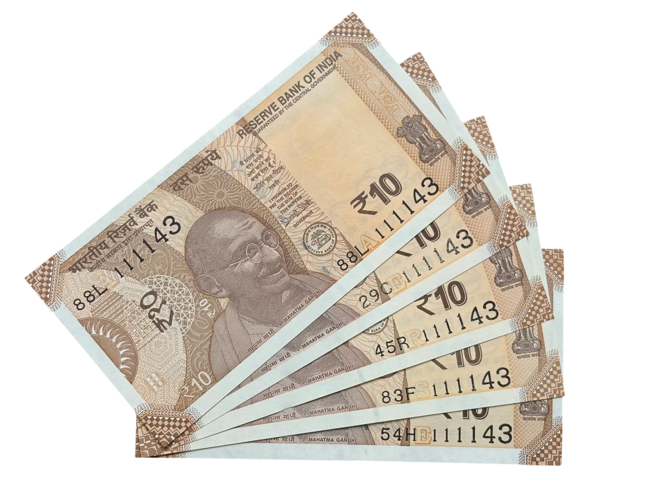 India, 2018 Rupees 10 x 5 Banknotes, Set of Fancy Serial Number 111-143 (I Love You), Sign. Urjit R. Patel, UNC, Scare, (88L 111143)