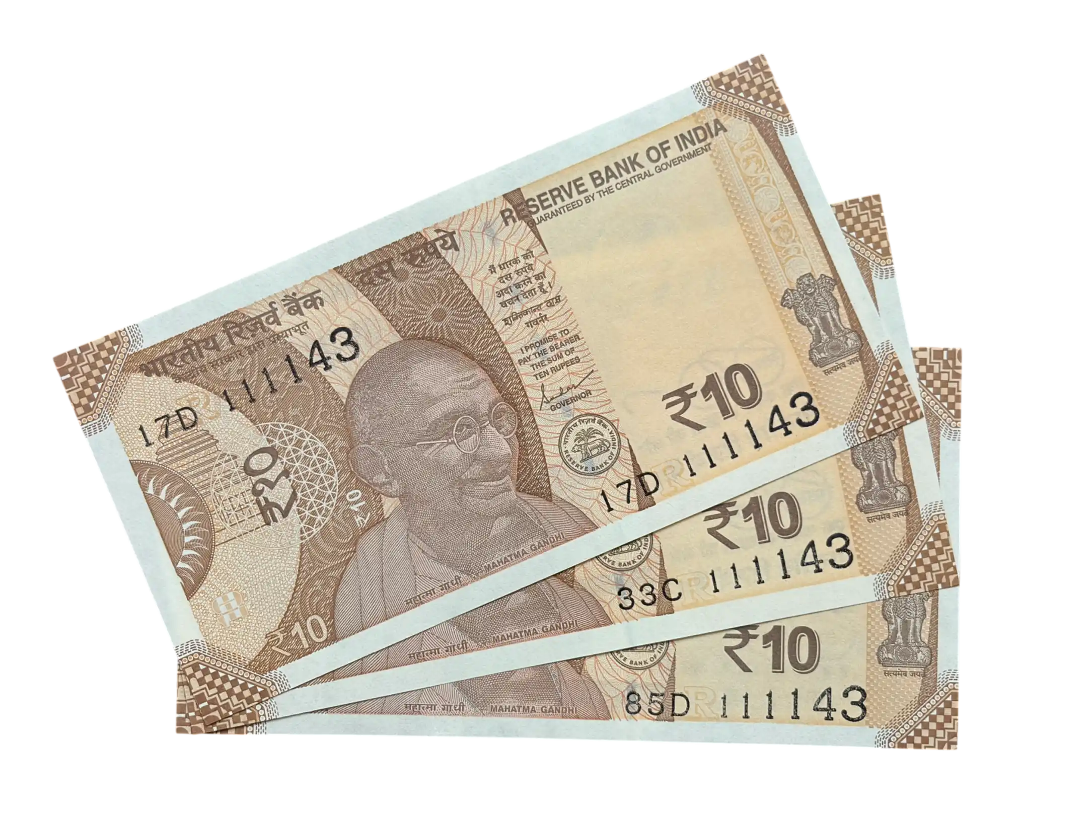 India, 2019 Rupees 10 x 3 Banknotes, Set of Fancy Serial Number 111-143 (I Love You), Sign. Shaktikanta Das, Inset R, UNC, Scare, (17D 111143)