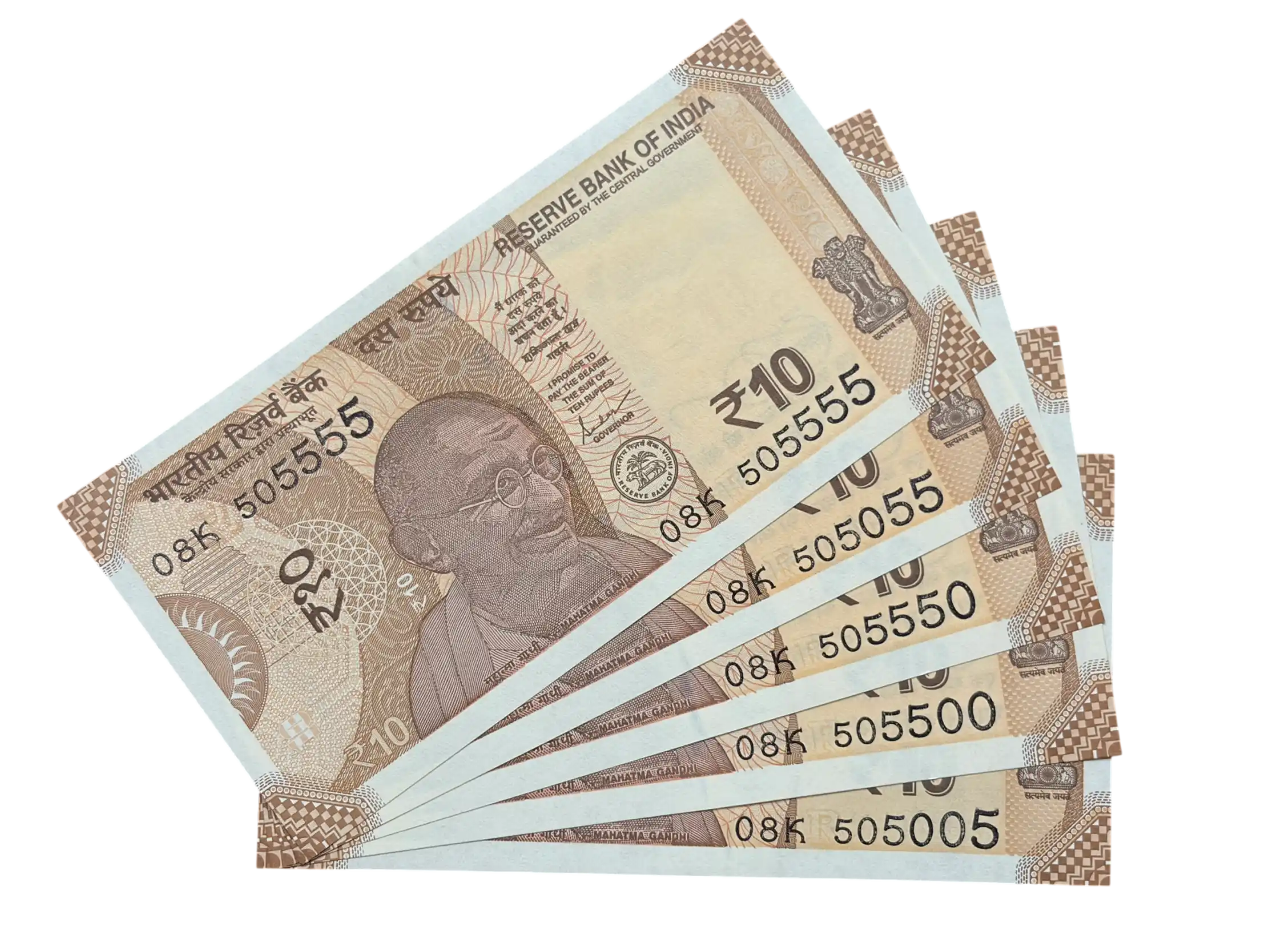 India, 2019 Rupees 10 x 5 Banknotes, Set of Fancy Serial Number 0 Mixing 5, Sign. Shaktikanta Das, Inset R, UNC, (08K 505555)