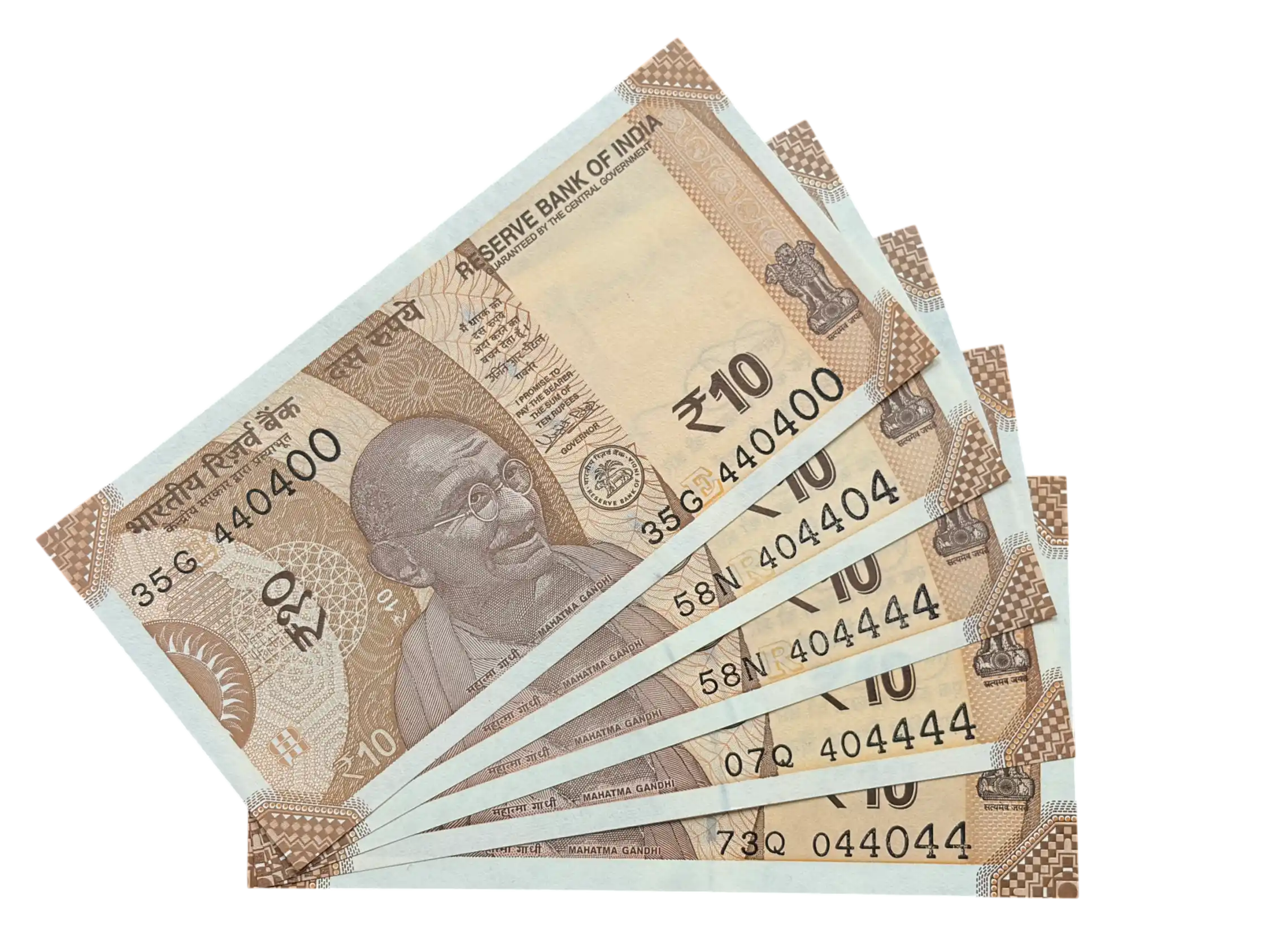 India, Rupees 10 x 5 Banknotes, Set of Fancy Serial Number 0 Mixing 4, UNC, (35G 440400)