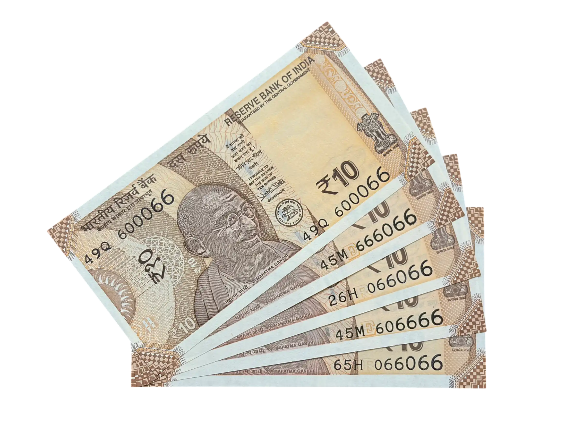 India, Rupees 10 x 5 Banknotes, Set of Fancy Serial Number 0 Mixing 6, UNC, (49Q 600066)