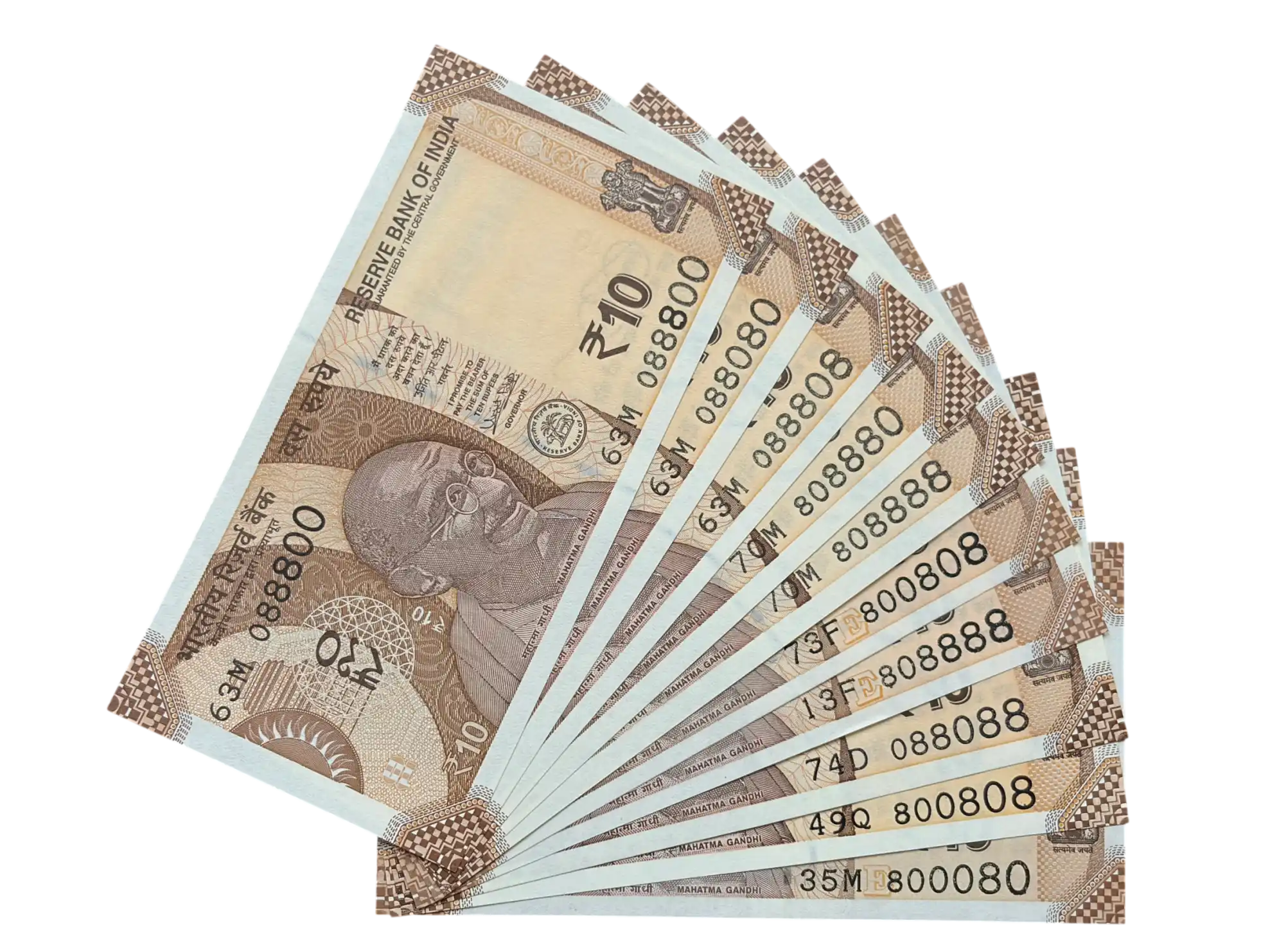 India, Rupees 10 x 10 Banknotes, Set of Fancy Serial Number 0 Mixing 8, Sign. Urjit R. Patel, UNC, Scare, (63M 088800)