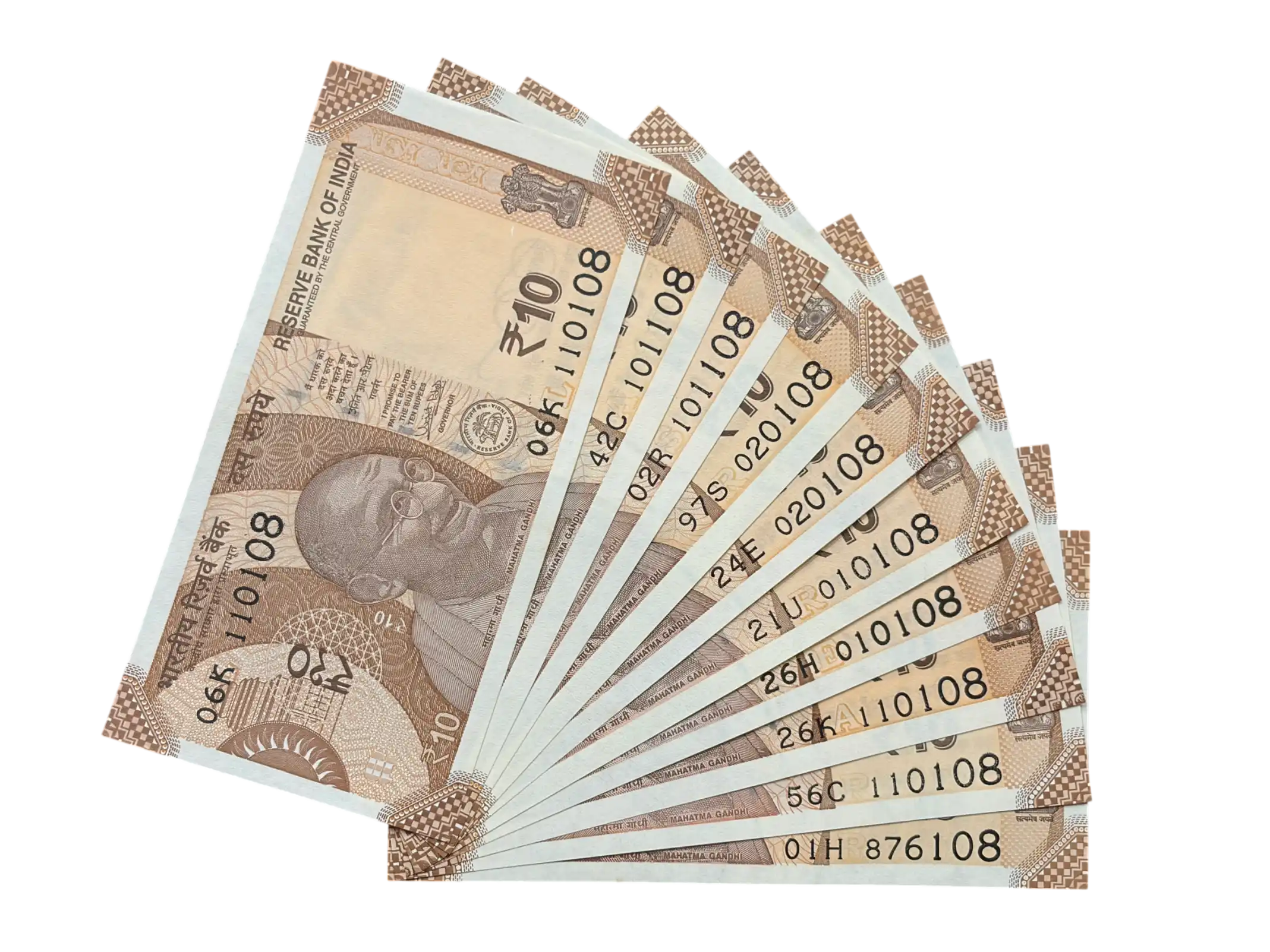 India, Rupees 10 x 10 Banknotes, Set of Fancy Serial Number Ending 108, UNC, Scare, (06K 110108)