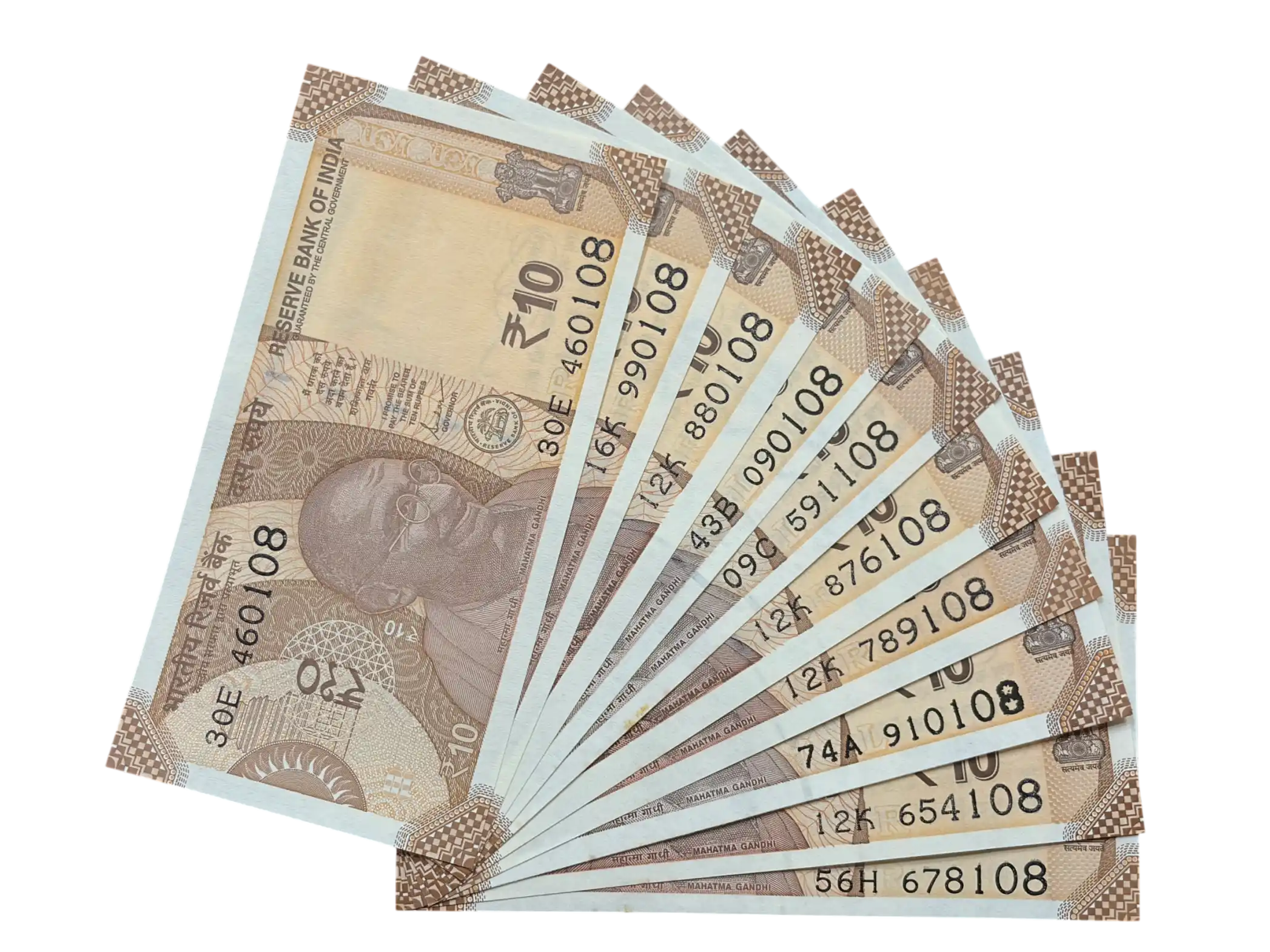 India, 2019 Rupees 10 x 10 Banknotes, Set of Fancy Serial Number Ending 108, Sign. Shaktikanta Das, UNC, Scare, (30E 460108)