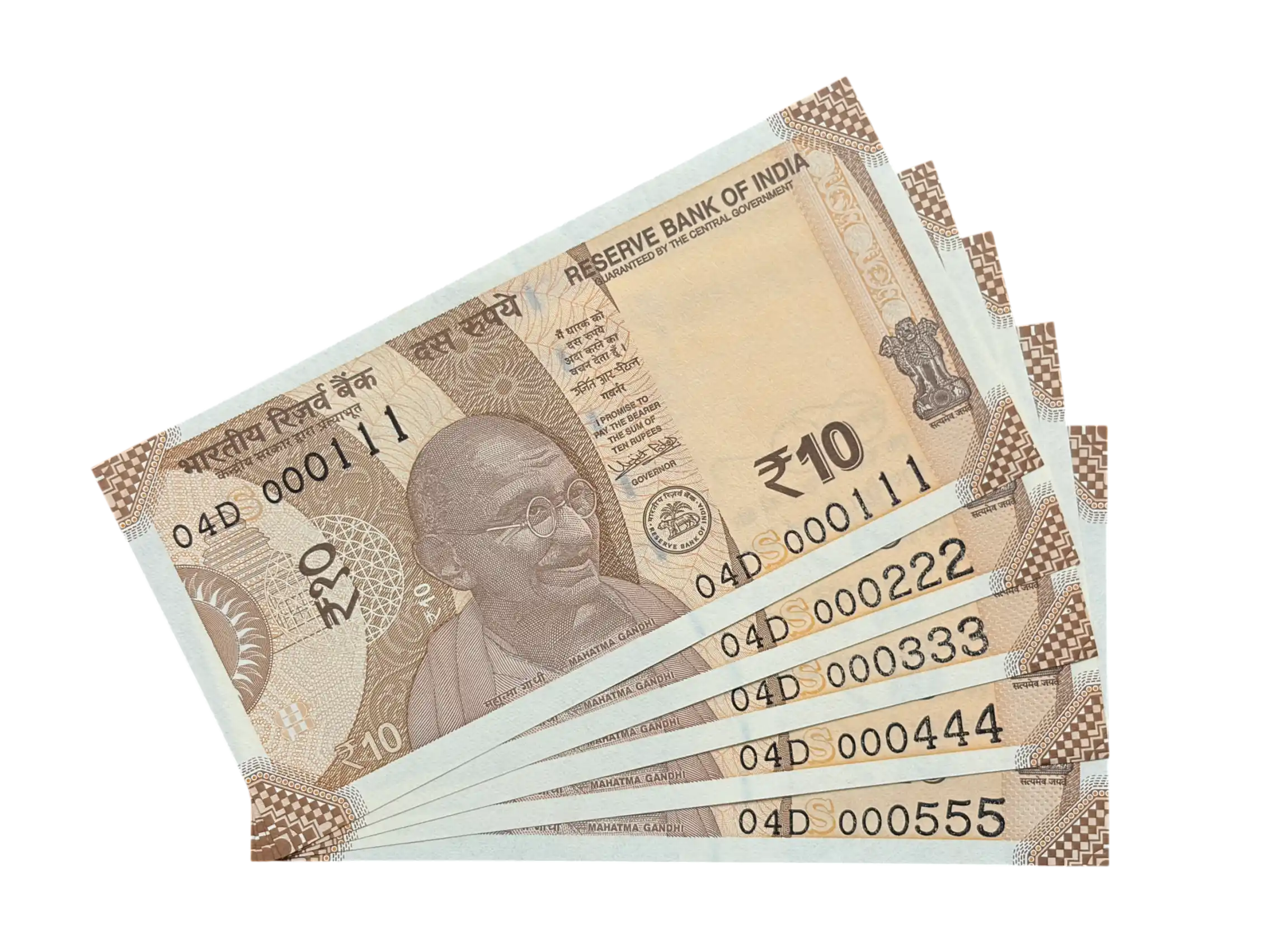 India, 2018 Rupees 10 x 5 Banknotes, Set of Lower Fancy Serial Number 000-111, Sign. Urjit R. Patel, UNC, Scare, (04D 000111)