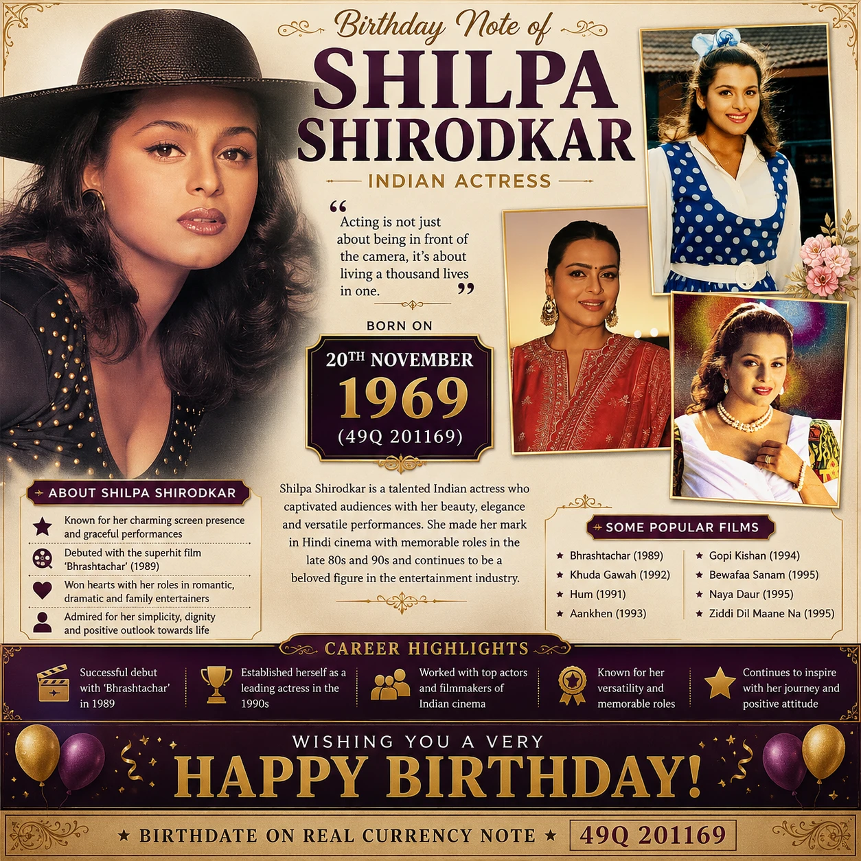 Birthday Note of Shilpa Shirodkar - Indian actress 20th Nov 1969 (49Q 201169)