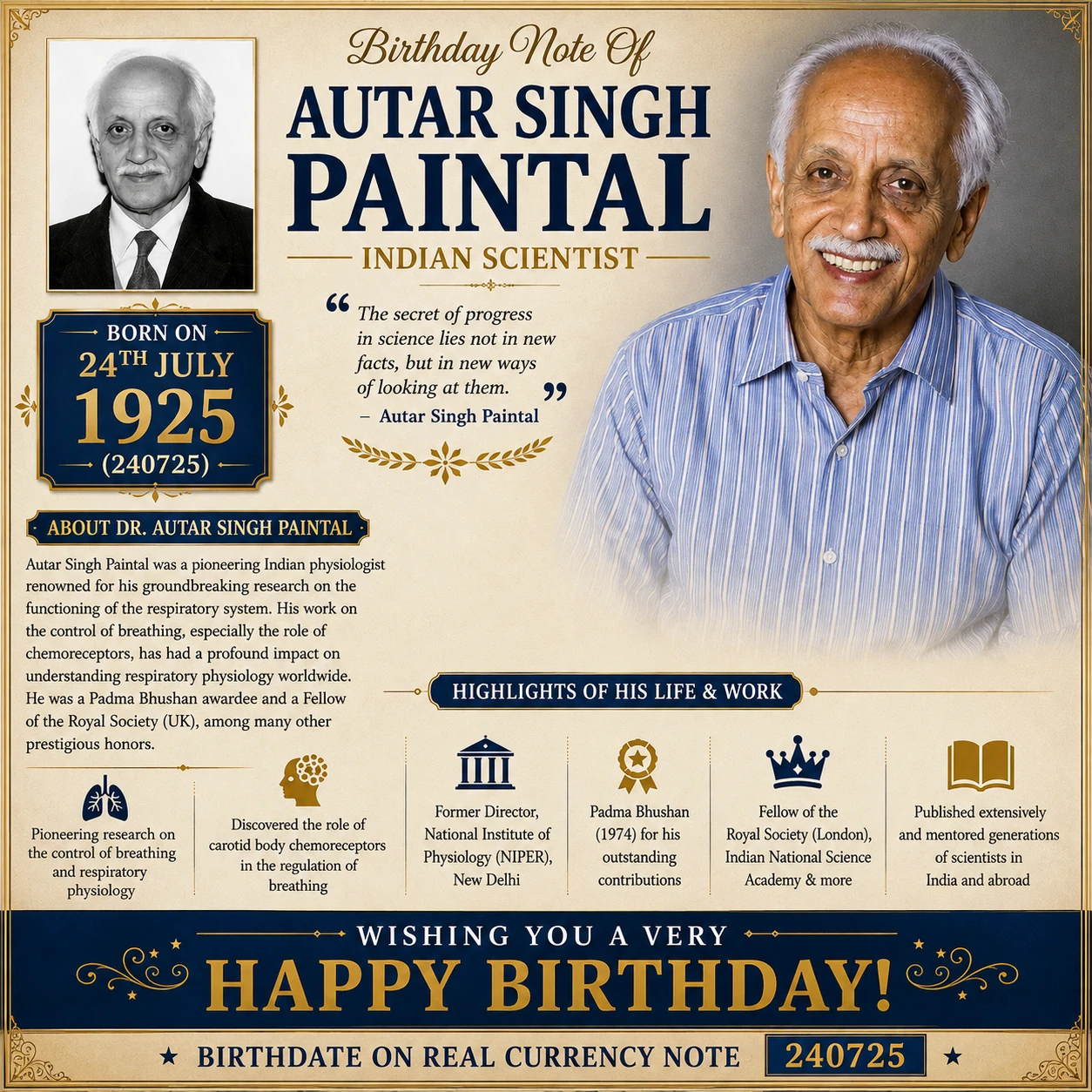Birthday Note Of Autar Singh Paintal - Indian scientist 24th July 1925 (240725) Autar Singh Paintal - Indian scientist