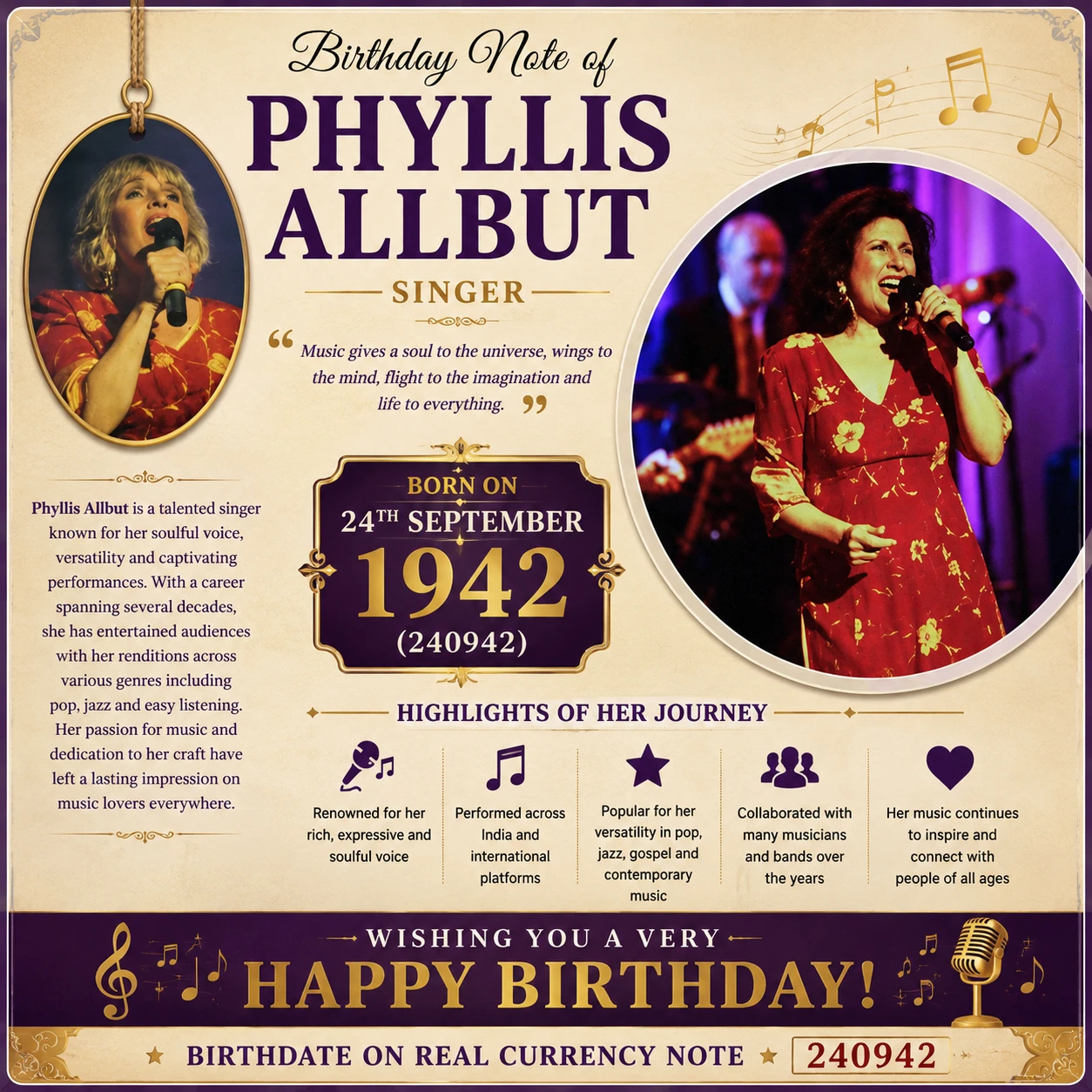 Birthday Note of Phyllis Allbut - Singer 24th Sep 1942 (240942)
