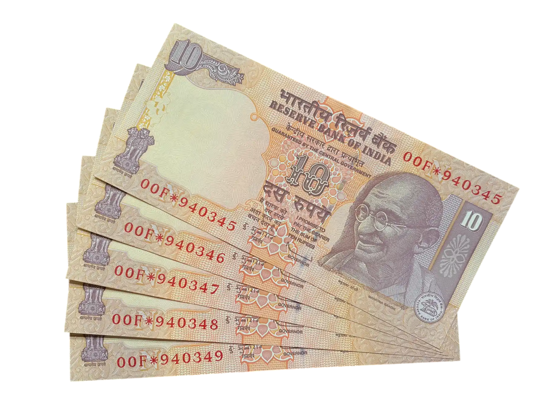 India, 2011 Rupees 10 x 5 Consecutive Star Series Banknotes, Sign. D. Subbarao, Prefix 00F, Inset N, UNC, (00F 940345)