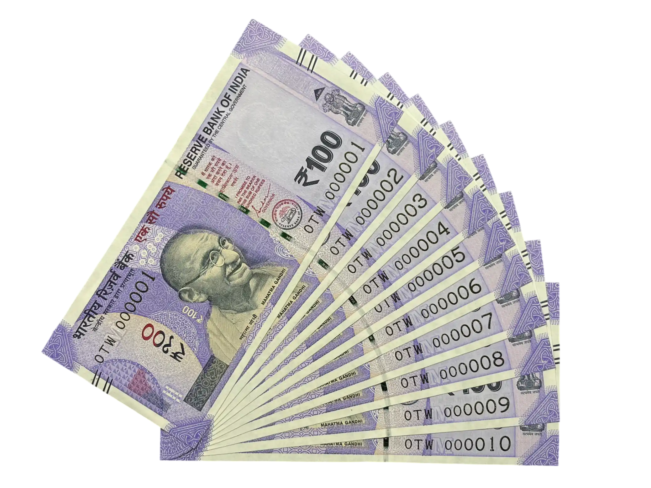 India, 2024 Rupees 100 x 10 Banknotes, Set of Super Lower Fancy Serial Number 0 - 000001 - 0 - 000010, Sign. Shaktikanta Das, Inset M, UNC, Scare, (0TW 000001)