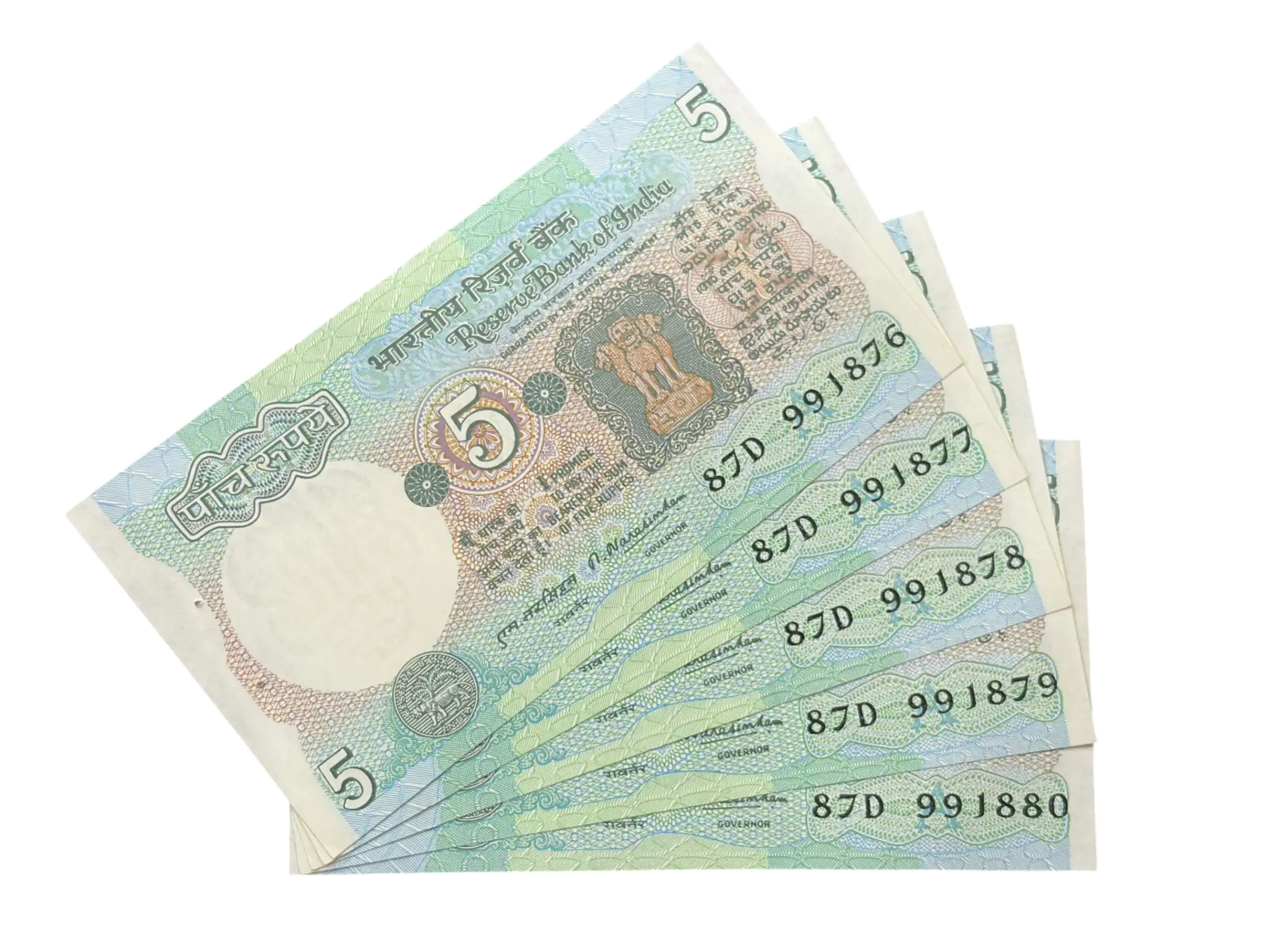 India, 1977 Rupees 5 x 5 Consecutive Serial Number Banknotes, Tractor Issue, Sign. M. Narasimham, Inset A, UNC, RARE, (87D 991876)