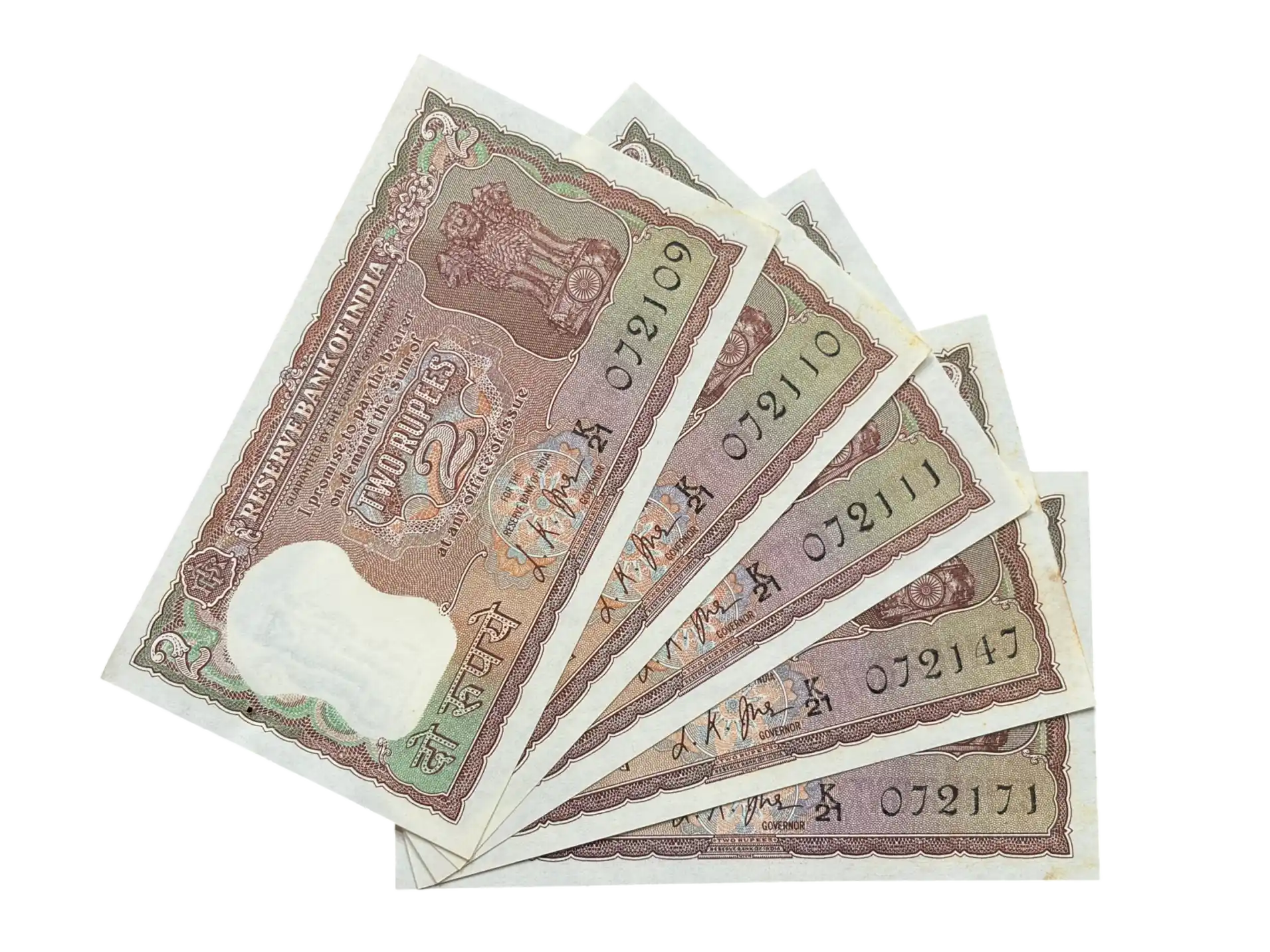 India, Rupees 2 x 5 Consecutive Serial Number Banknotes, Diamond Issue, Sign. L.K. Jha, UNC, RARE, (K21 072109)