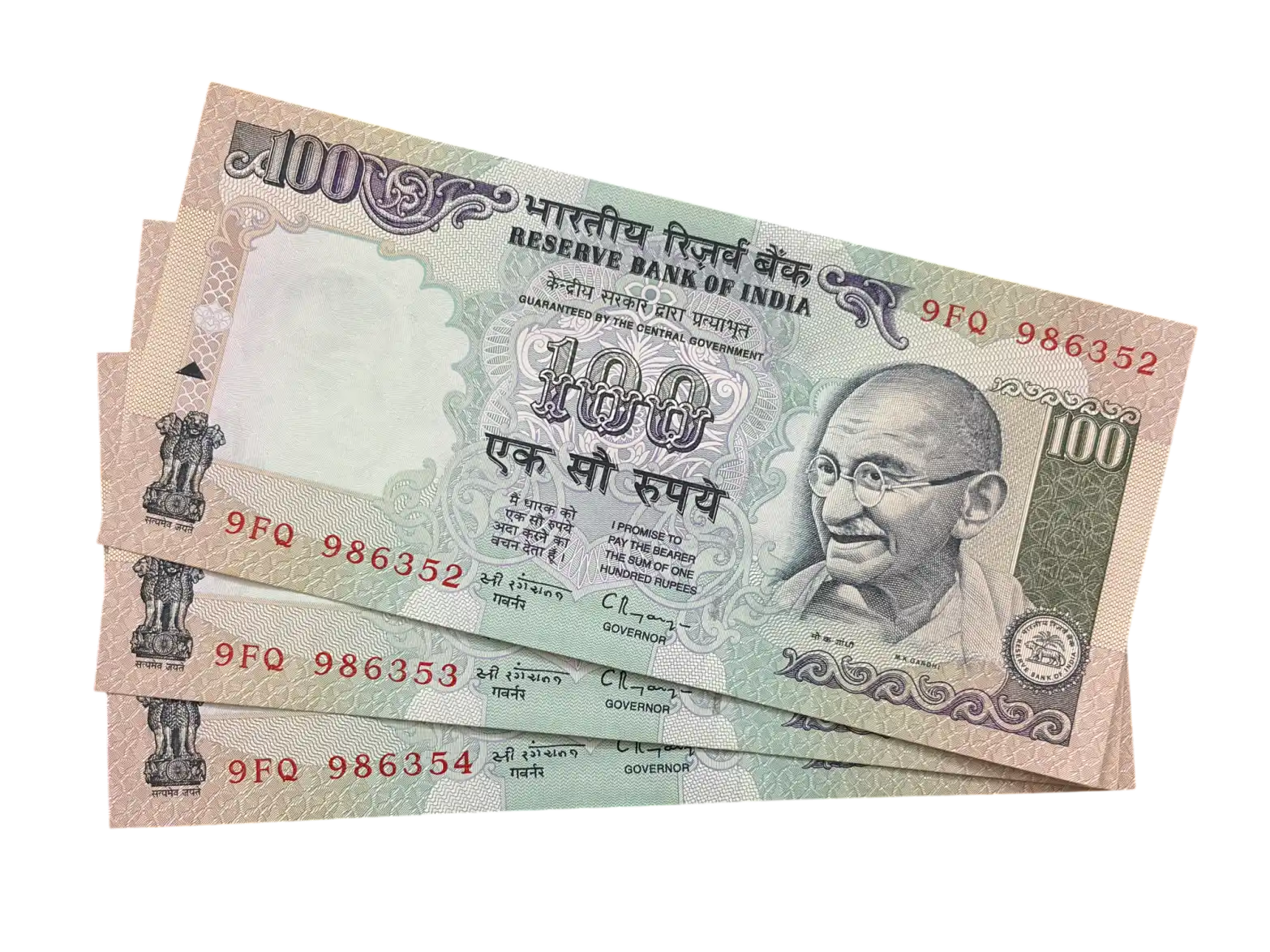 India, Rupees 100 x 3 Consecutive Serial Number Banknotes, Sign. C. Rangarajan, Inset Plain, UNC, (9FQ 986352)