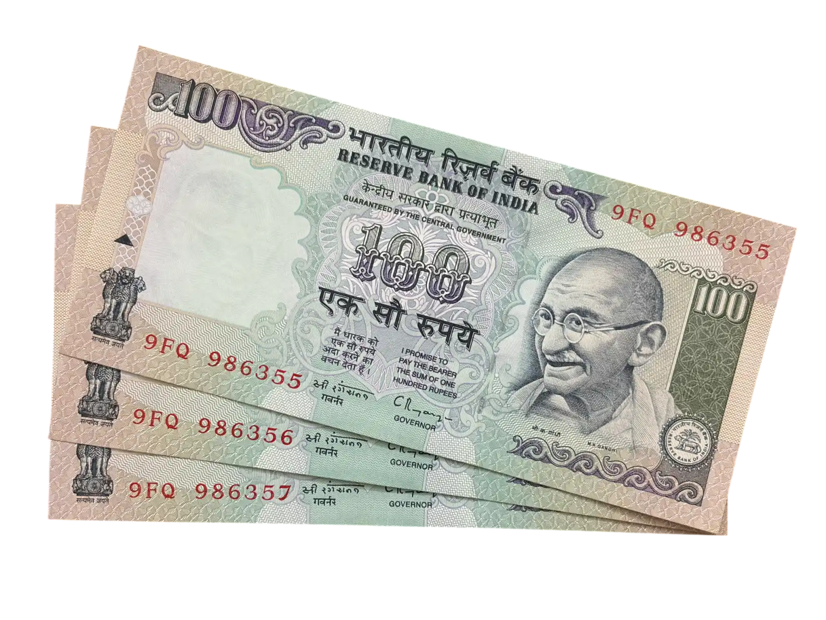 India, Rupees 100 x 3 Consecutive Serial Number Banknotes, Sign. C. Rangarajan, Inset Plain, UNC, (9FQ 986355)