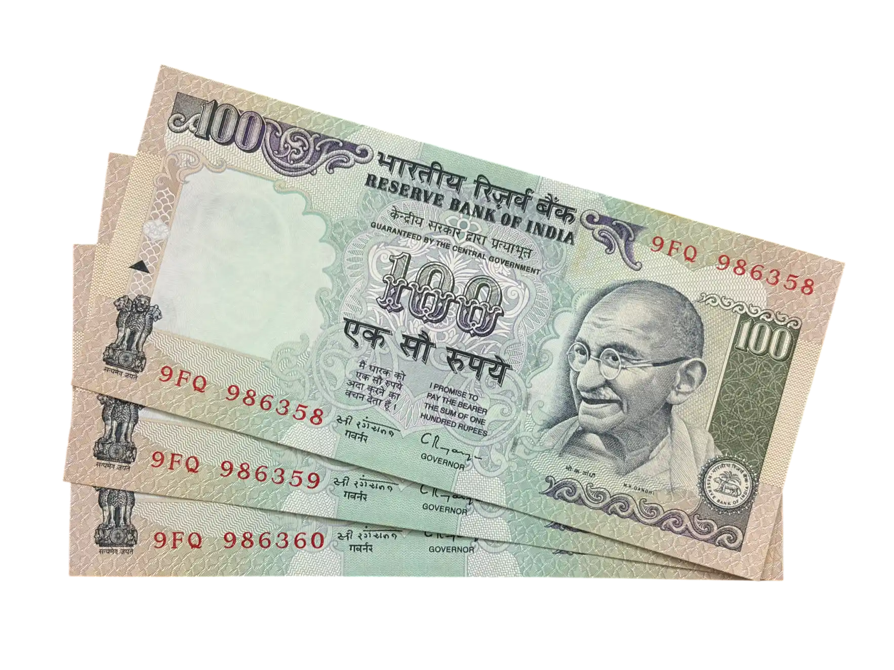India, Rupees 100 x 3 Consecutive Serial Number Banknotes, Sign. C. Rangarajan, Inset Plain, UNC, (9FQ 986358)