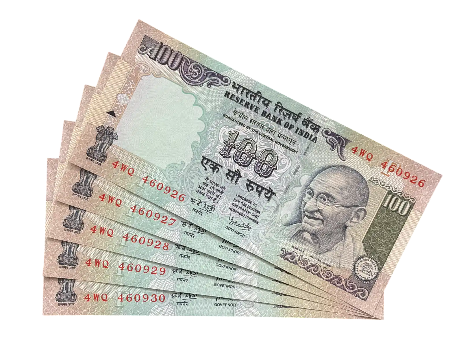 India, Rupees 100 x 5 Consecutive Serial Number Banknotes, Sign. Y.V. Reddy, Inset F, UNC (4WQ 460926)