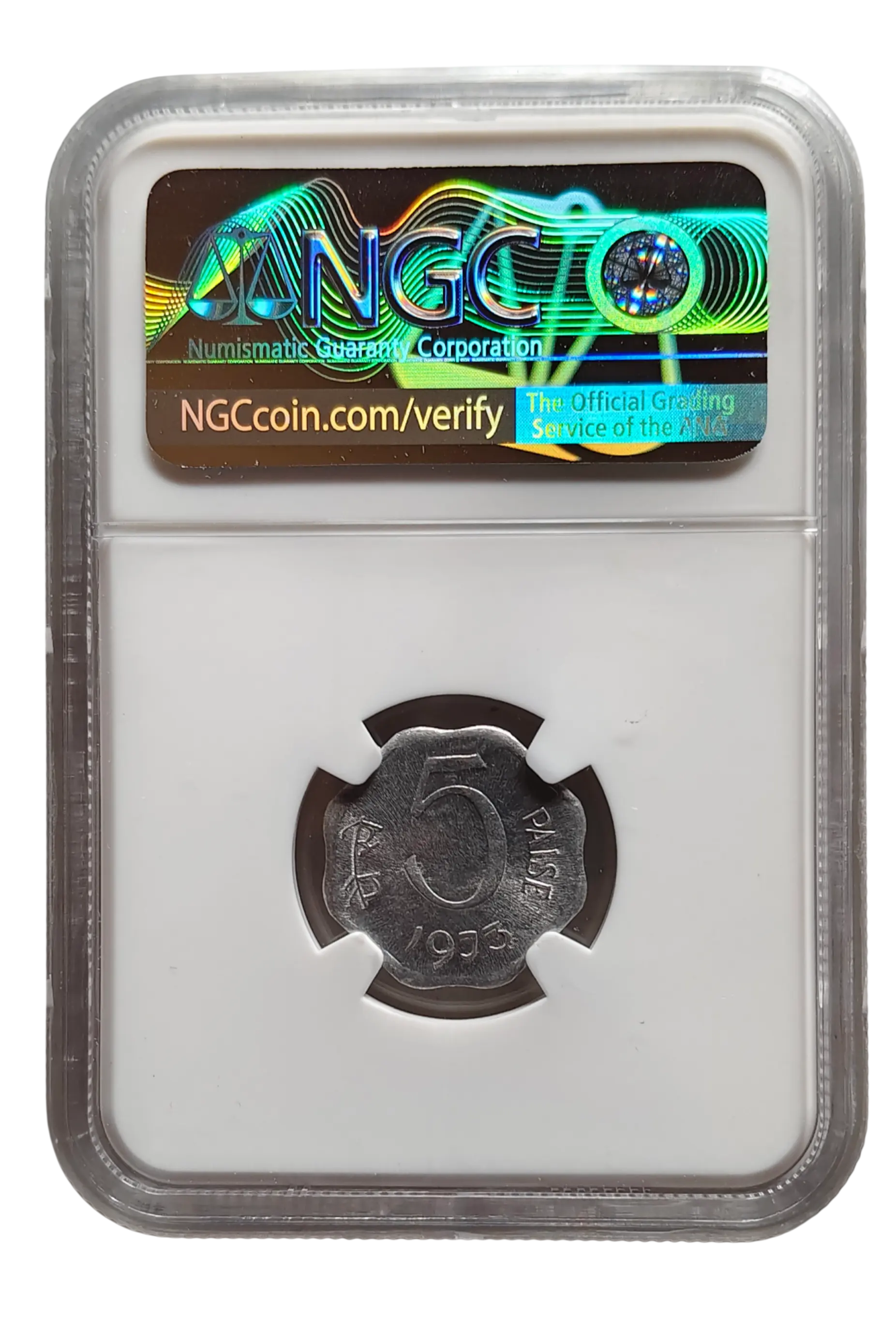 EXTREMELY RARE 5 PAISE 1973 WRONG PLANCHET, 5 PAISE STRUCK ON 2 PAISE PLANCHET , GRADED MS-65 BY NGC