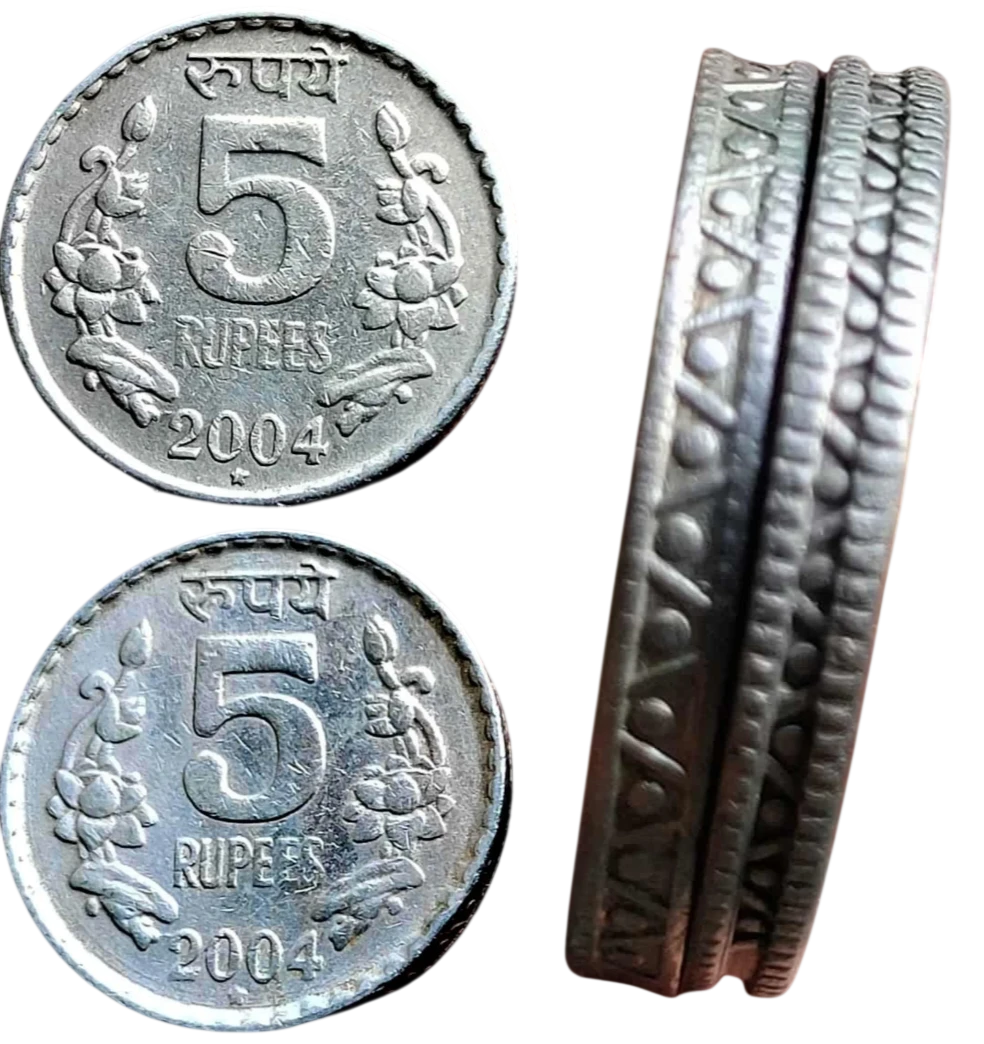 EXTREMELY RARE 5 RUPEES 2004 HYDERABAD MINT WITH BROAD & NARROW SECURITY EDGE VARIETY