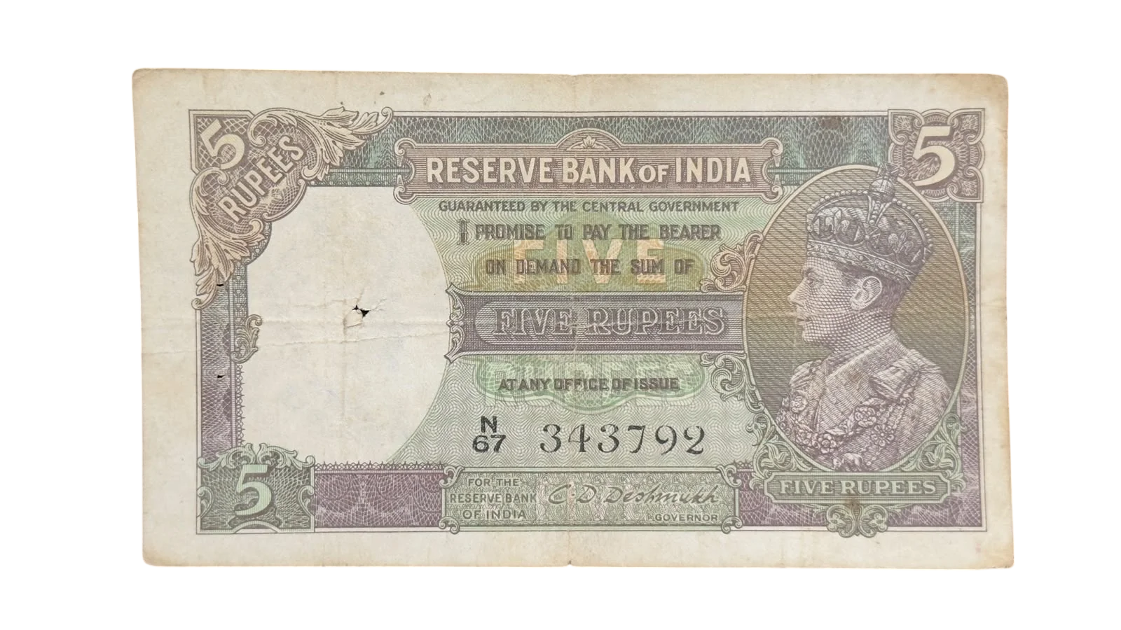 British India, 1944 Rupees 5 Banknote, King George VI (KG VI), Sign. C.D. Deshmukh, (N67 343792)