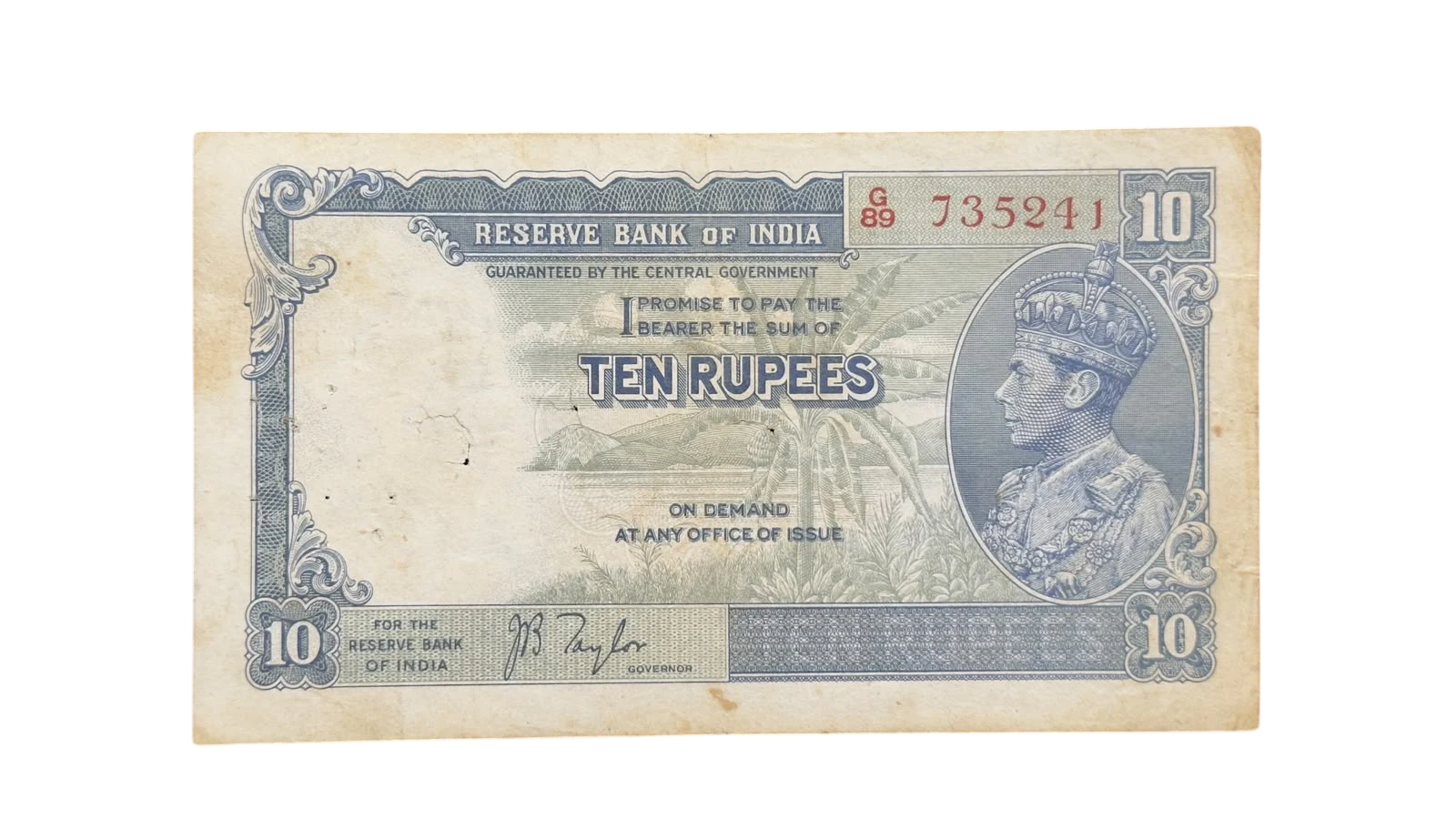 British India, 1938 Rupees 10 Banknote, King George VI (KG VI), Sign. J. B. Taylor, (G89 735241)