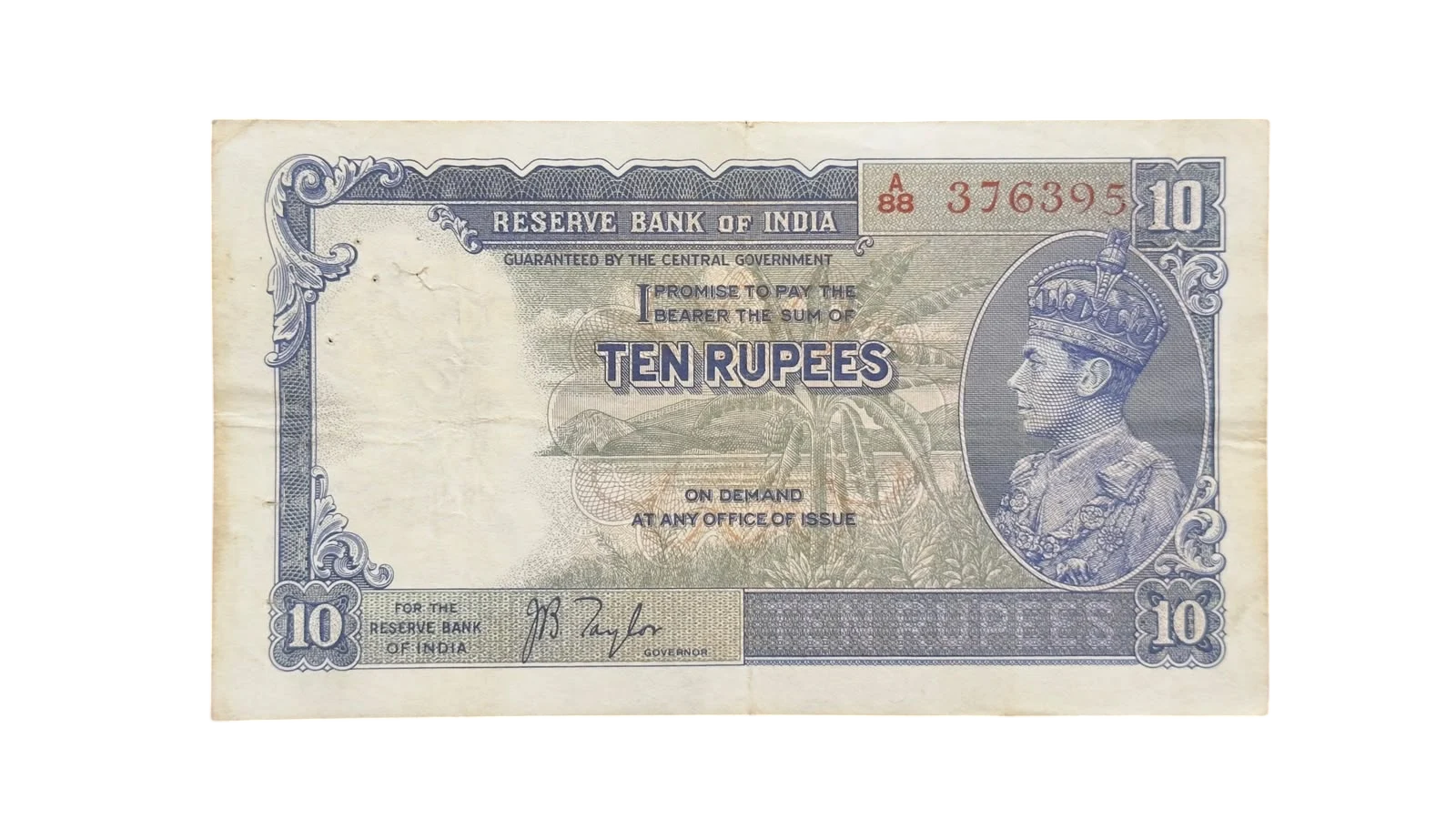 British India, 1938 Rupees 10 Banknote, King George VI (KG VI), Sign. J. B. Taylor, (A88 376395)