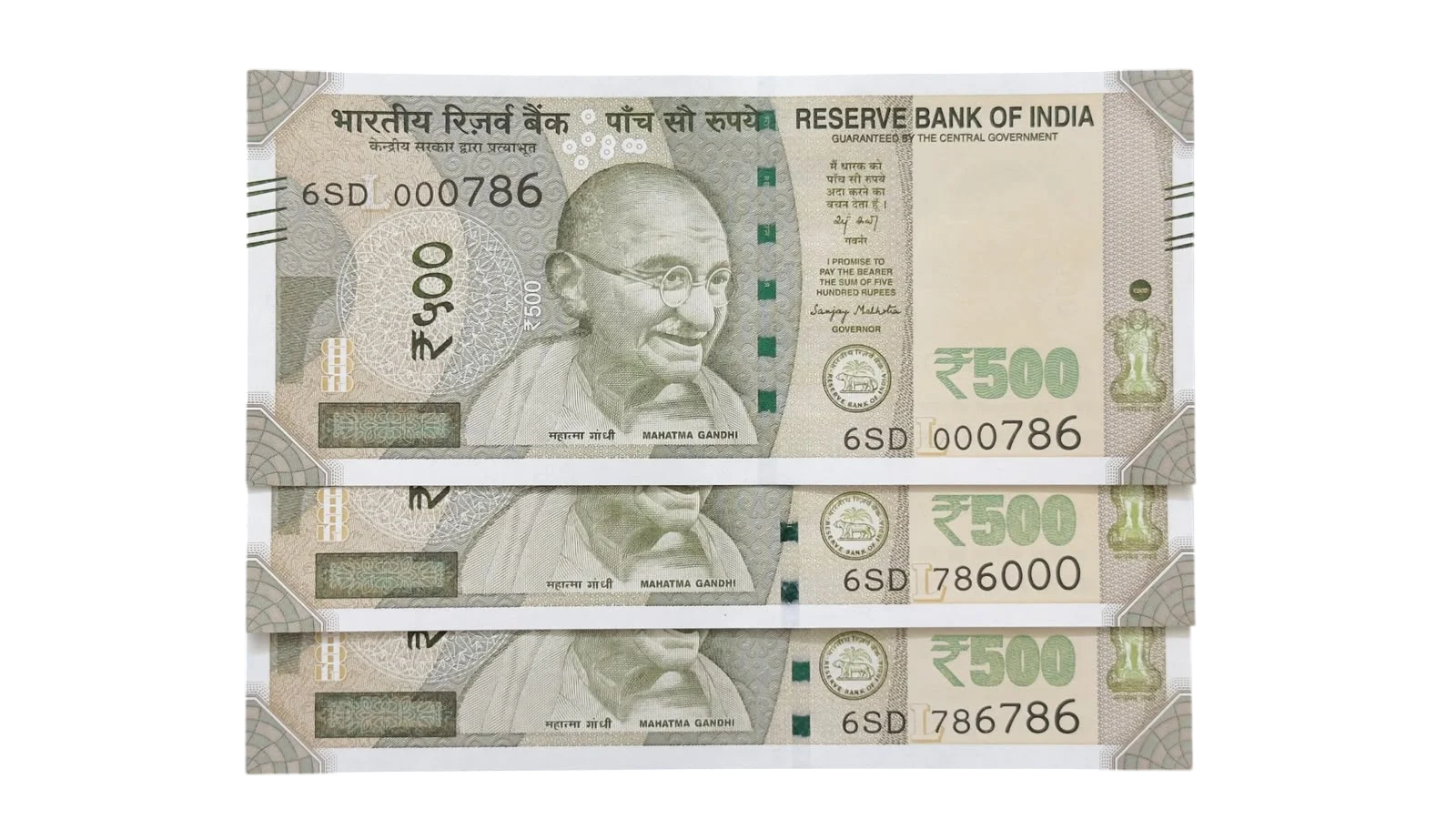 India, 2026 Rupees 500 x 3 Banknotes, Set of Holy Fancy Serial Number 000786, 786000, 786786 (Same Prefix 6SD), Sign. Sanjay Malhotra, Inset L, UNC, (6SD 000786)