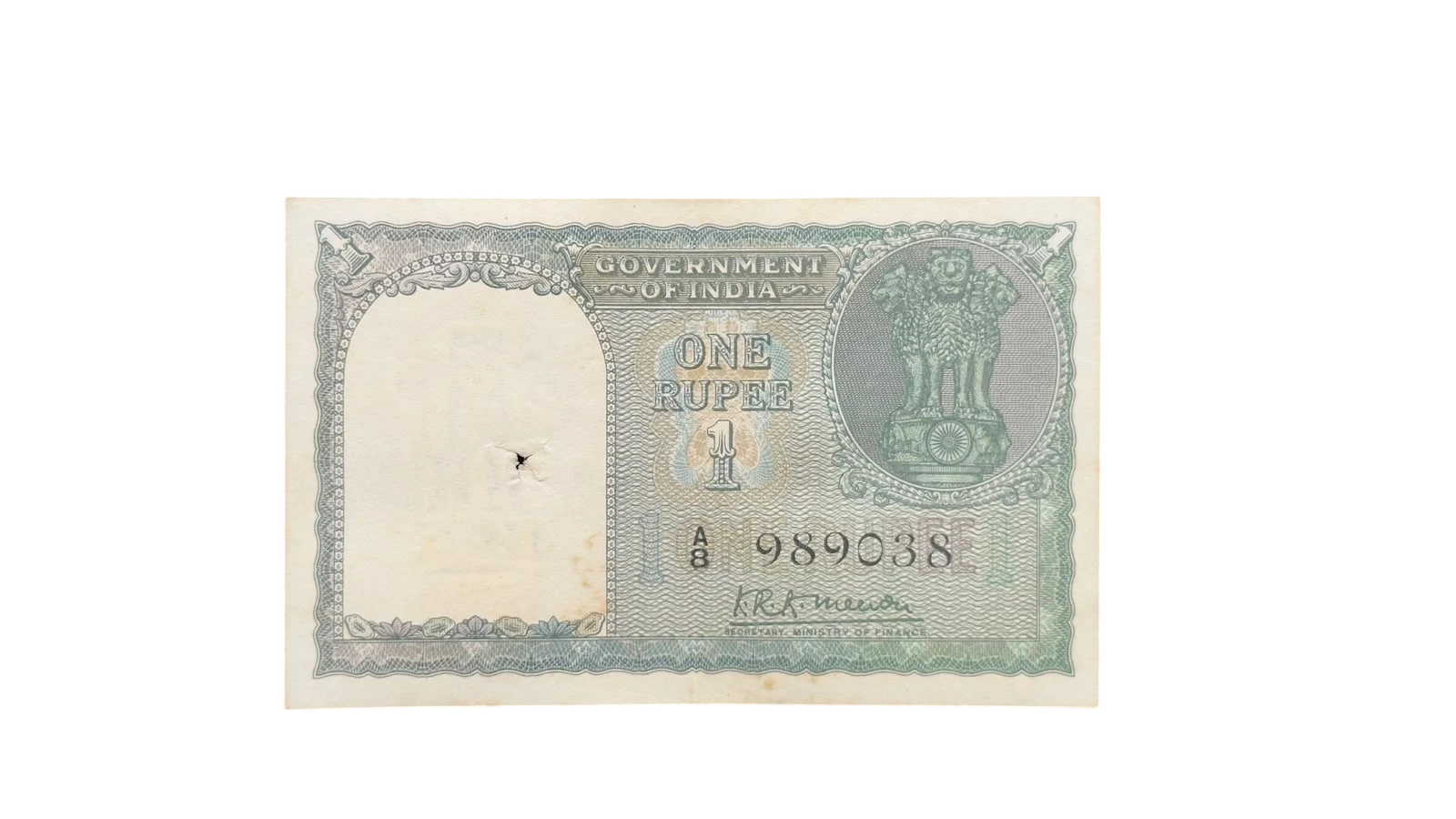 India, 1949 Rupee 1 Banknote, 1st Issue, Sign. K.R.K. Menon, AUNC, RARE & Scare, (A8 989038)