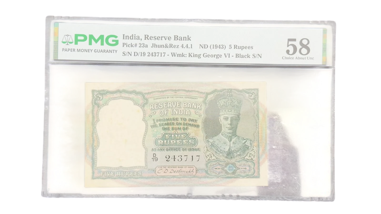 British India, 1943 Rupees 5 Banknote, King George VI (KG VI), Sign. C.D. Deshmukh, PMG Graded 58, (D19 243717)