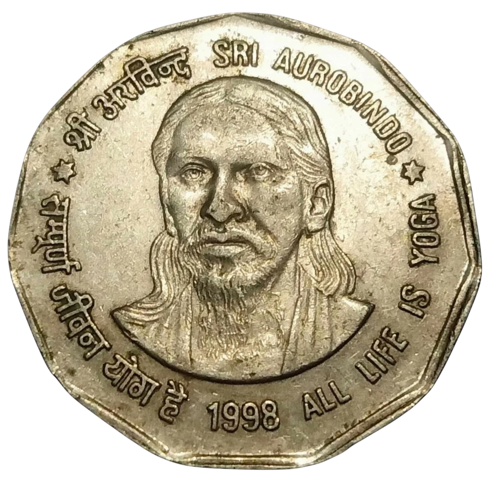 RARE 2 RUPEES SRI AUROBINDO ALL LIFE IS YOGA 1ST STRIKE COIN