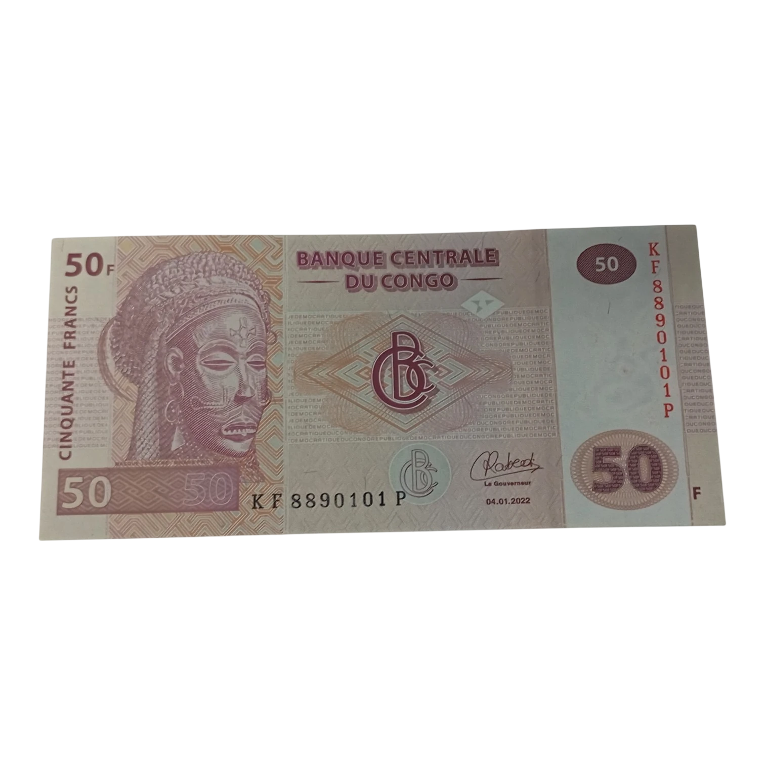 Democratic Republic of Congo 50 Francs Banknote – Central Bank of Congo – Mwana Pwo Mask & Congo River Fishermen – AUNC Condition – Collectible World Currency