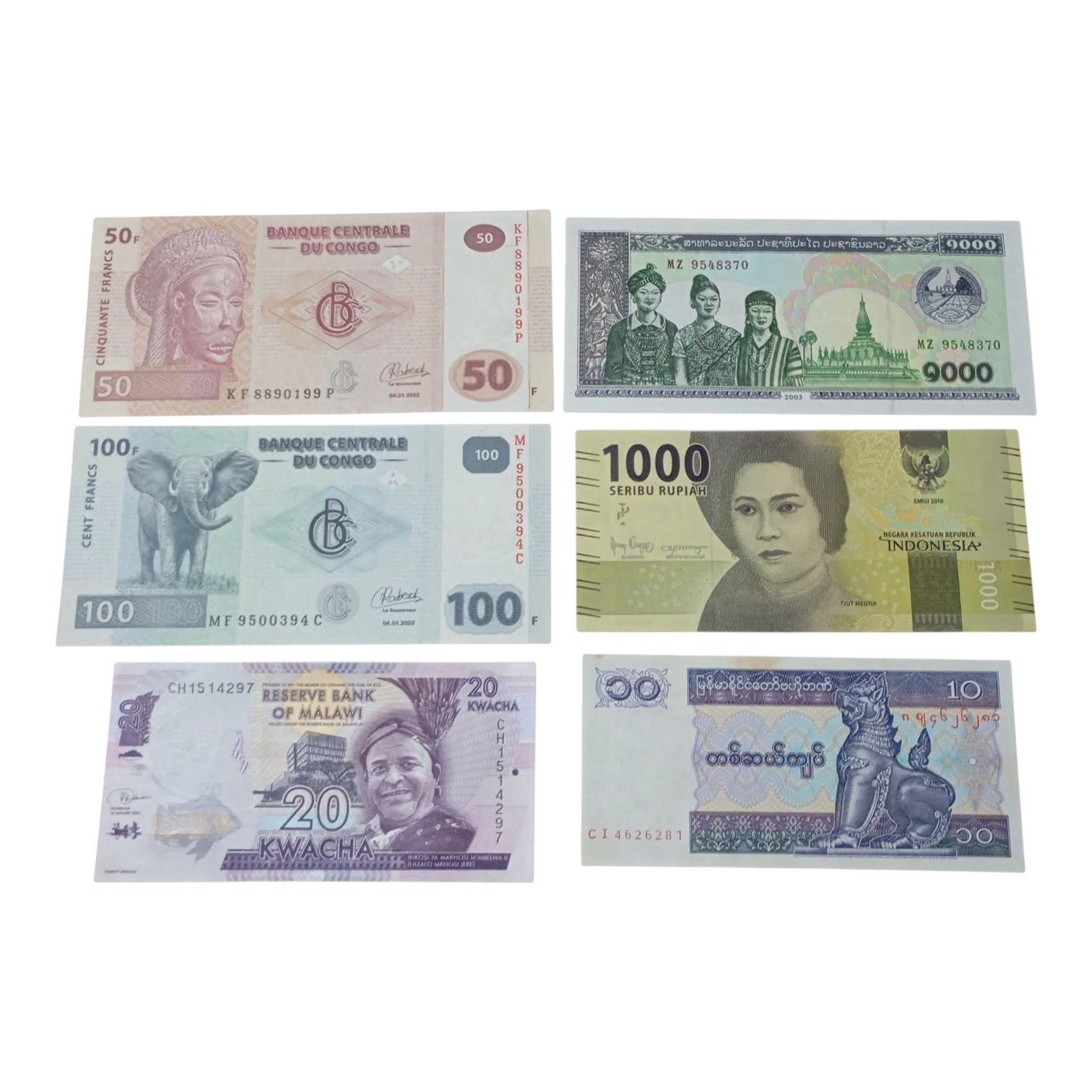 Lot of 6 Different Foreign Banknotes – Congo, Laos, Indonesia, Malawi & Myanmar – AUNC Condition – World Currency Collection