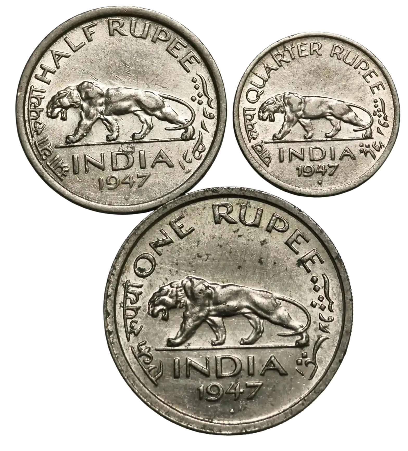 Quarter Rupee Half Rupee  and One Rupee 1947 Bombay Mint Coins Set