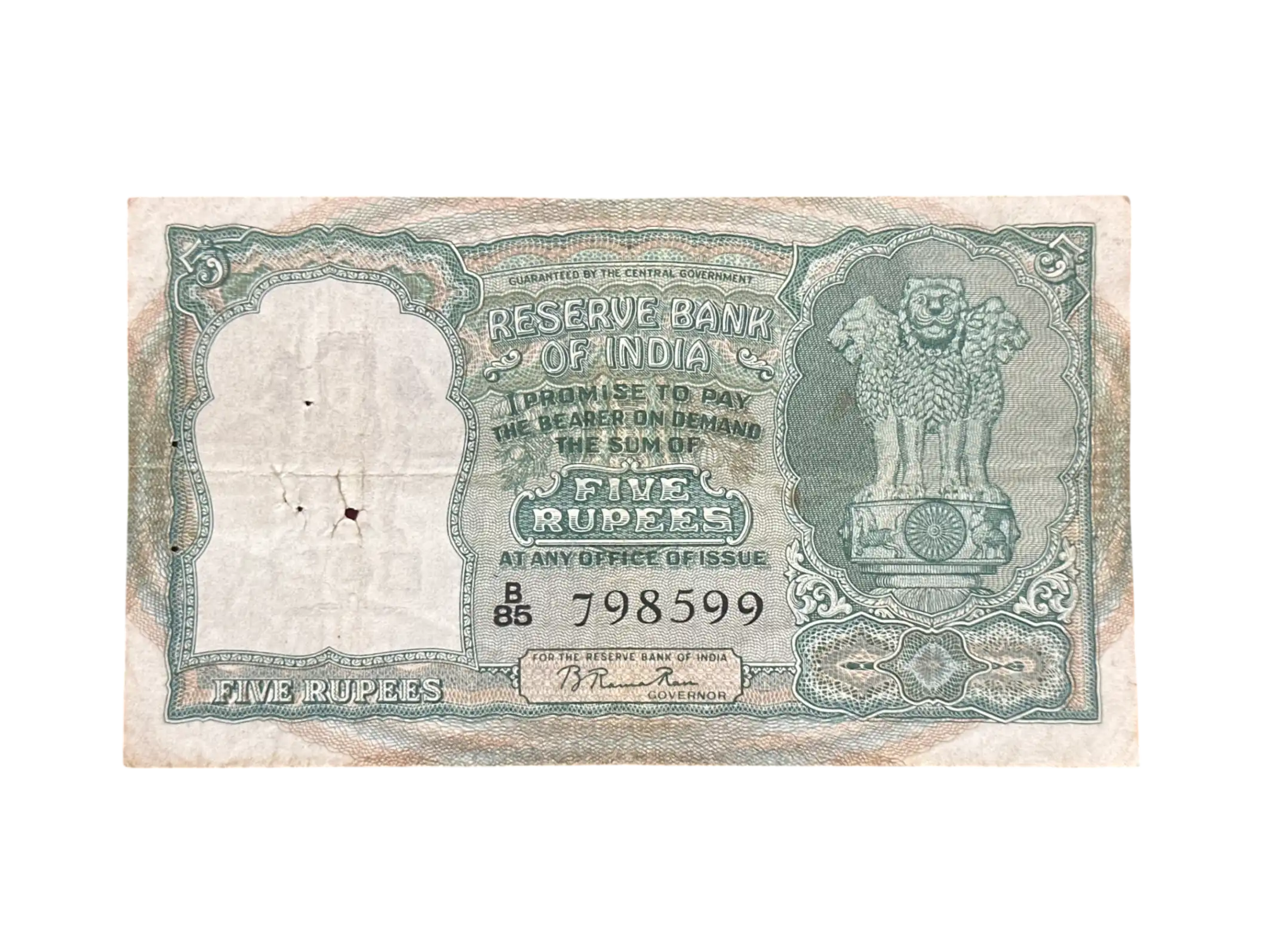 India, 1950 Rupees 5 Banknote, 1st Issue (Only English), Sign. B. Rama Rau, Scare, (B85 798599)