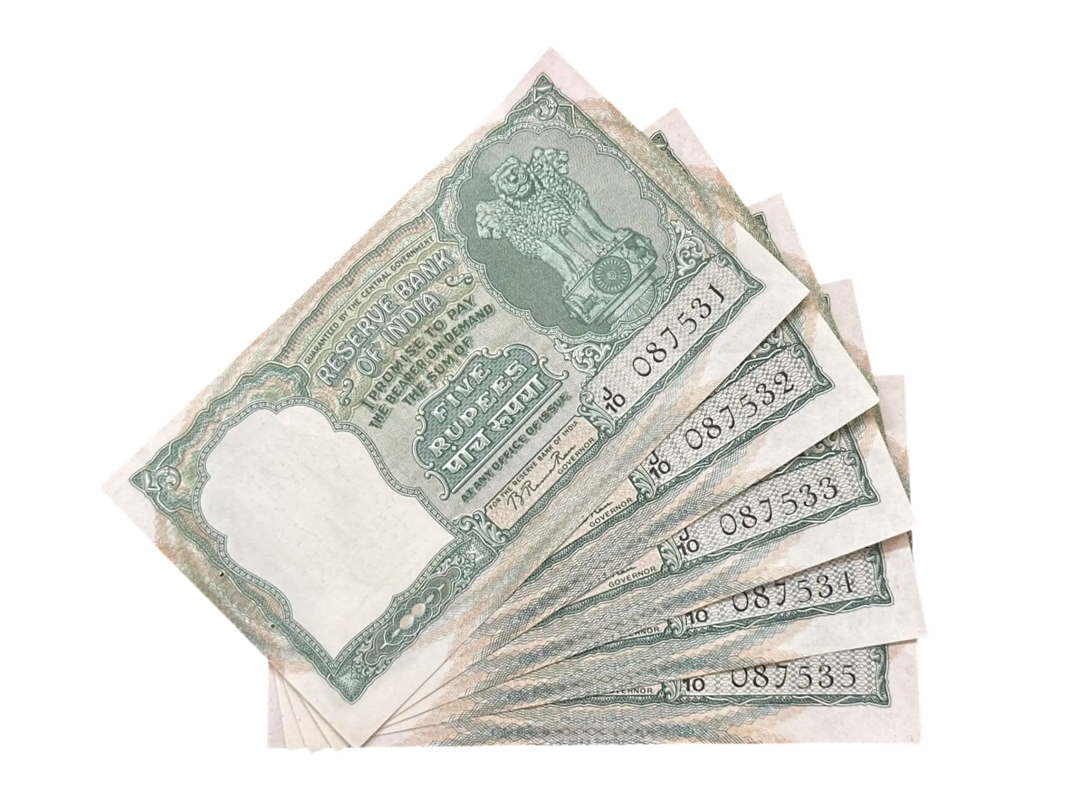 India, 1951 Rupees 5 x 5 Consecutive Serial Banknotes, 2nd Issue, Sign. B. Rama Rau, UNC, RARE,  (J10 087531)