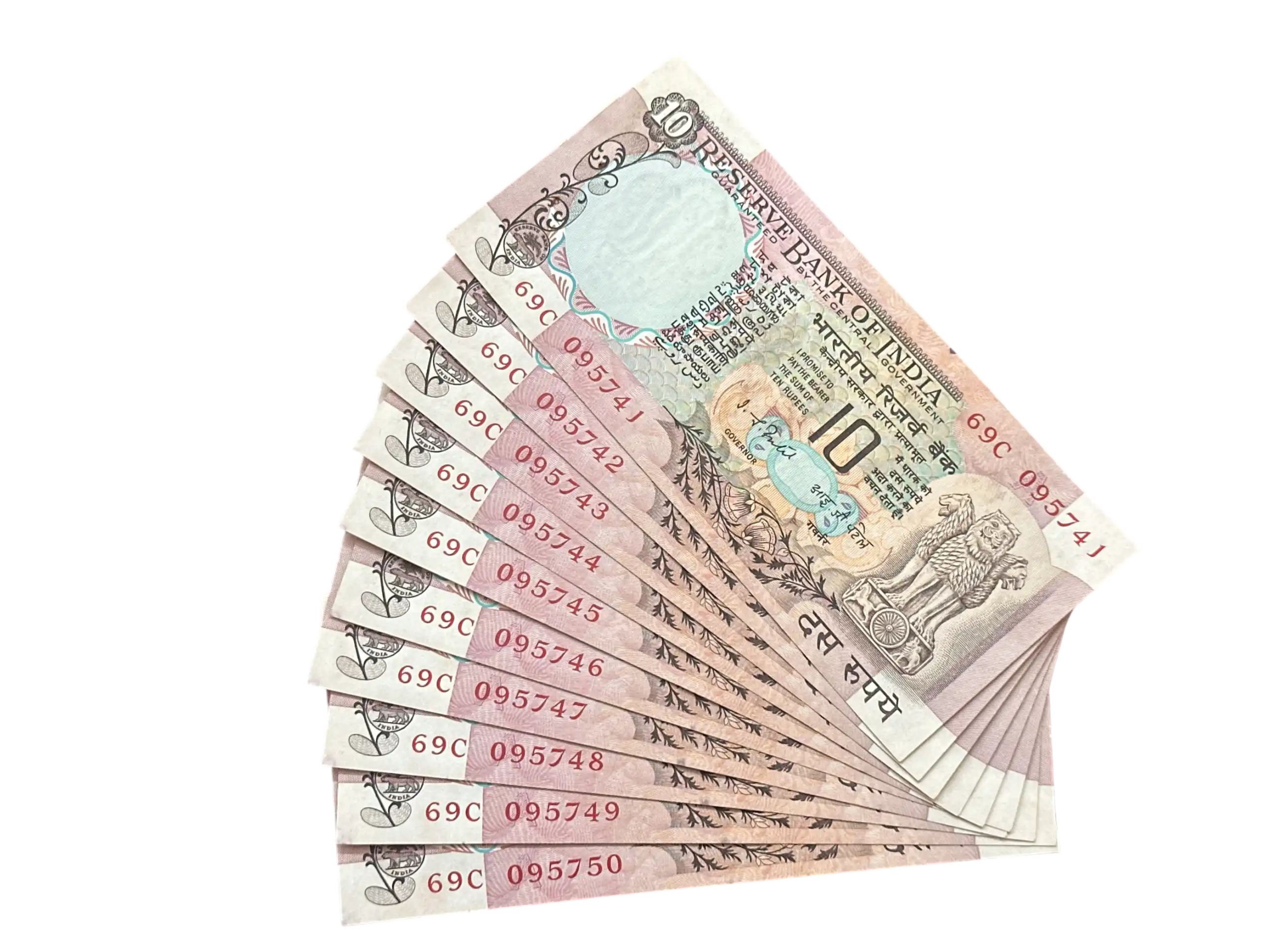 India, Rupees 10 x 10 Consecutive Serial Banknotes, Peacock Issue , Sign. I.G. Patel, Inset A, UNC, (69C 095741)