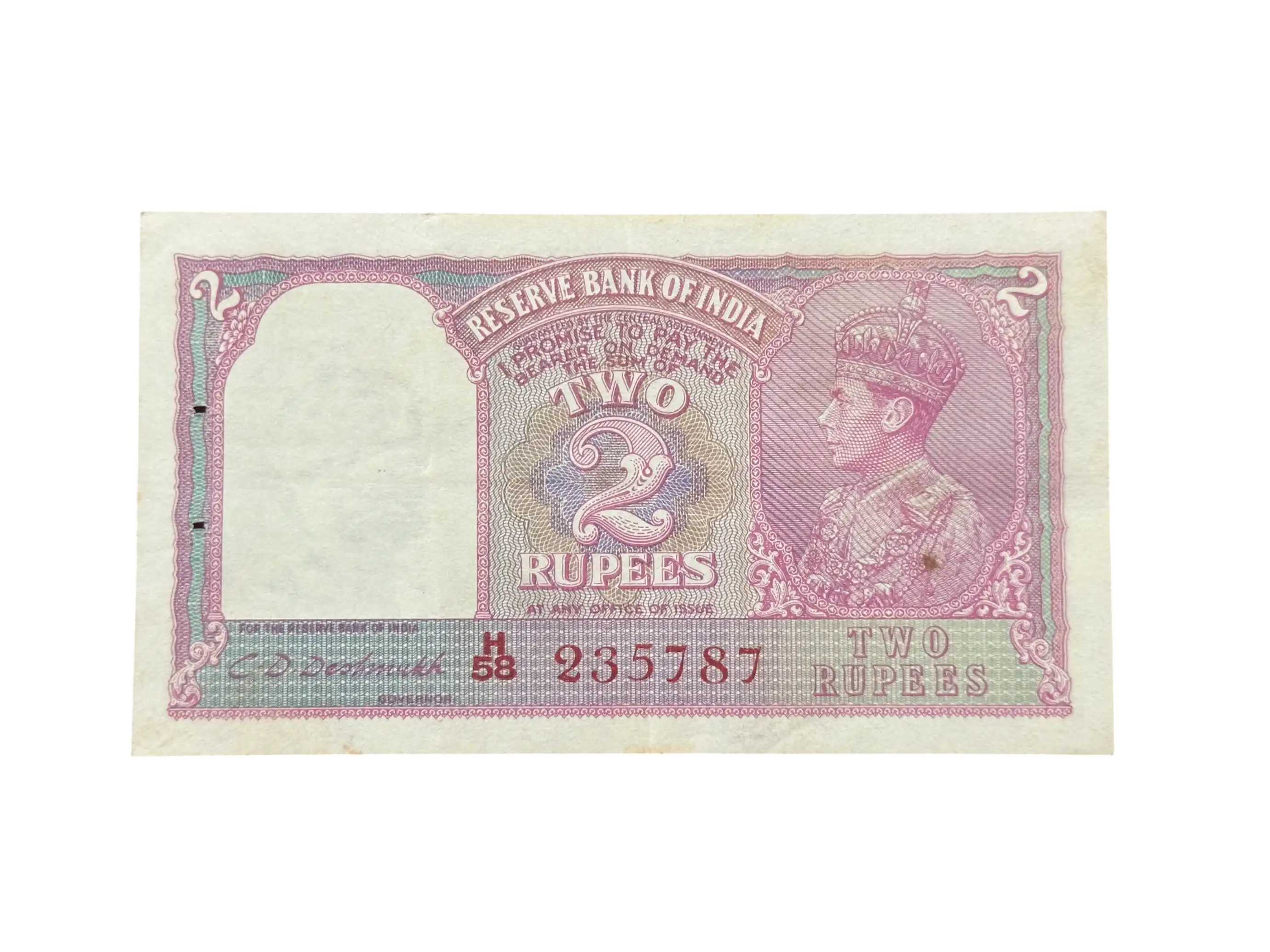 British India, 1949 Rupees 5 Banknote, RED Serial, King George VI, Sign. C.D. Deshmukh, RARE & Scare, (H58 235787)