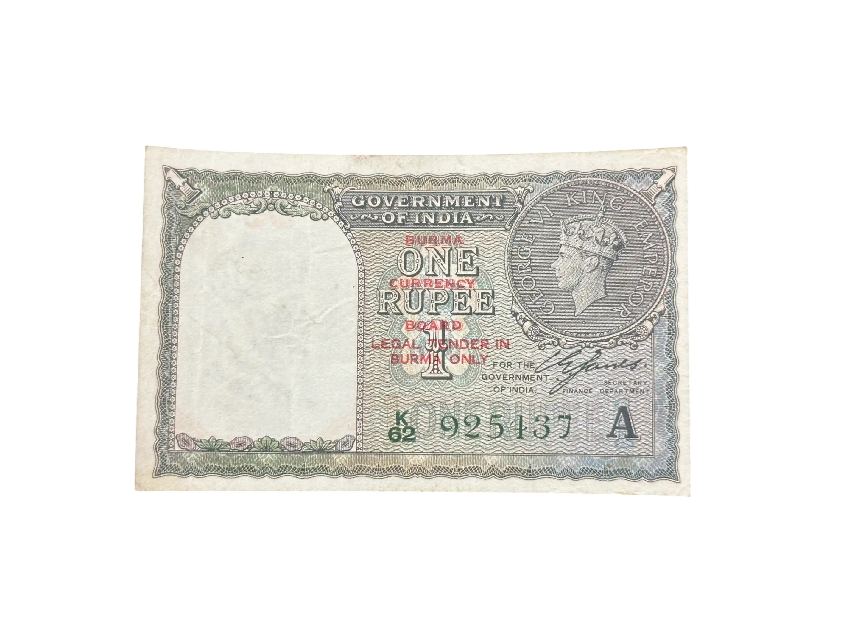Burma Overprint on British India, 1940 Rupee 1 Banknote, King George VI (KGVI), Sign. C.E. Jones, Inset A, BURMA Currency Board, (K62 925437)