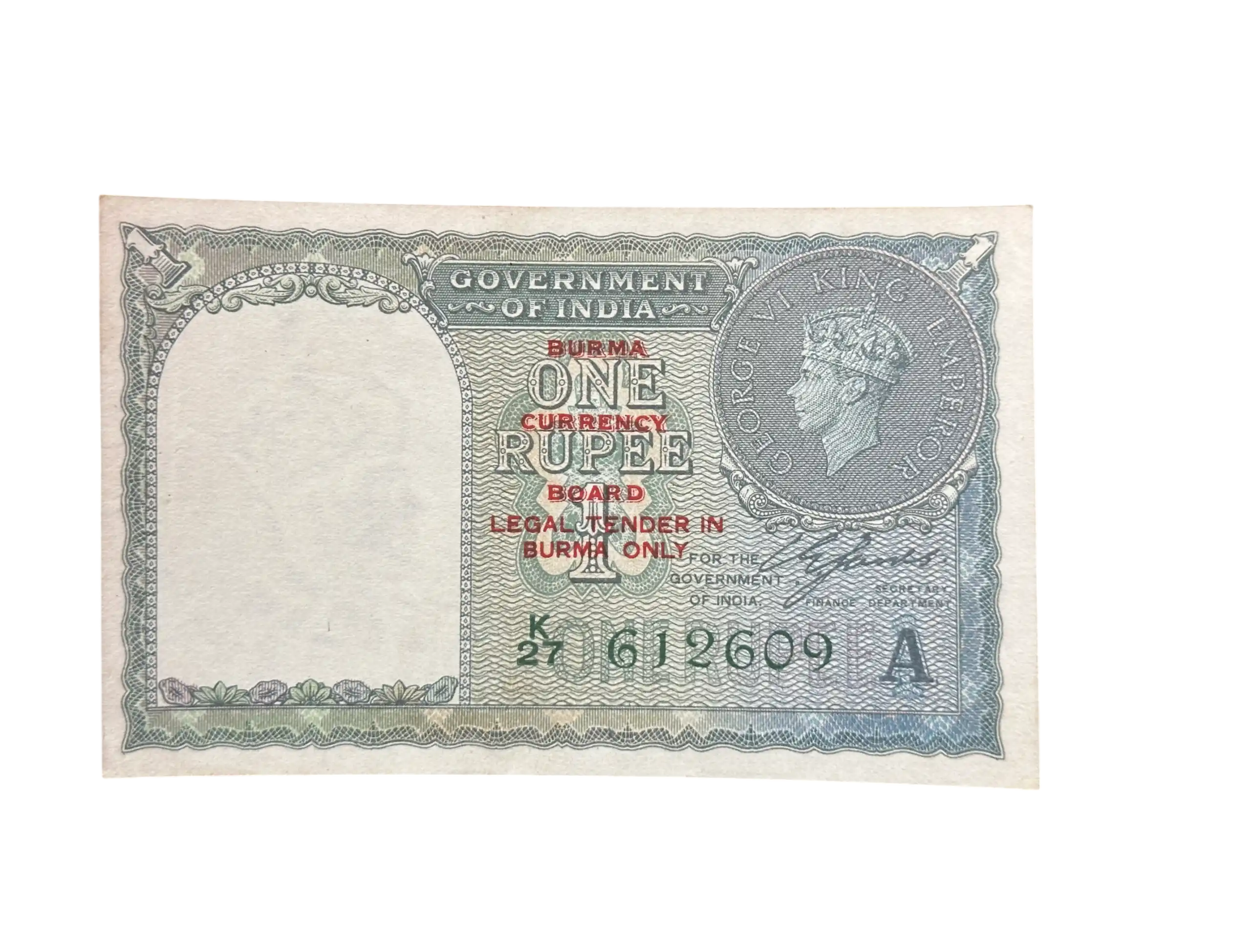 Burma Overprint on British India, 1940 Rupee 1 Banknote, King George VI (KGVI), Sign. C.E. Jones, Inset A, BURMA Currency Board, UNC, (K27 612609)