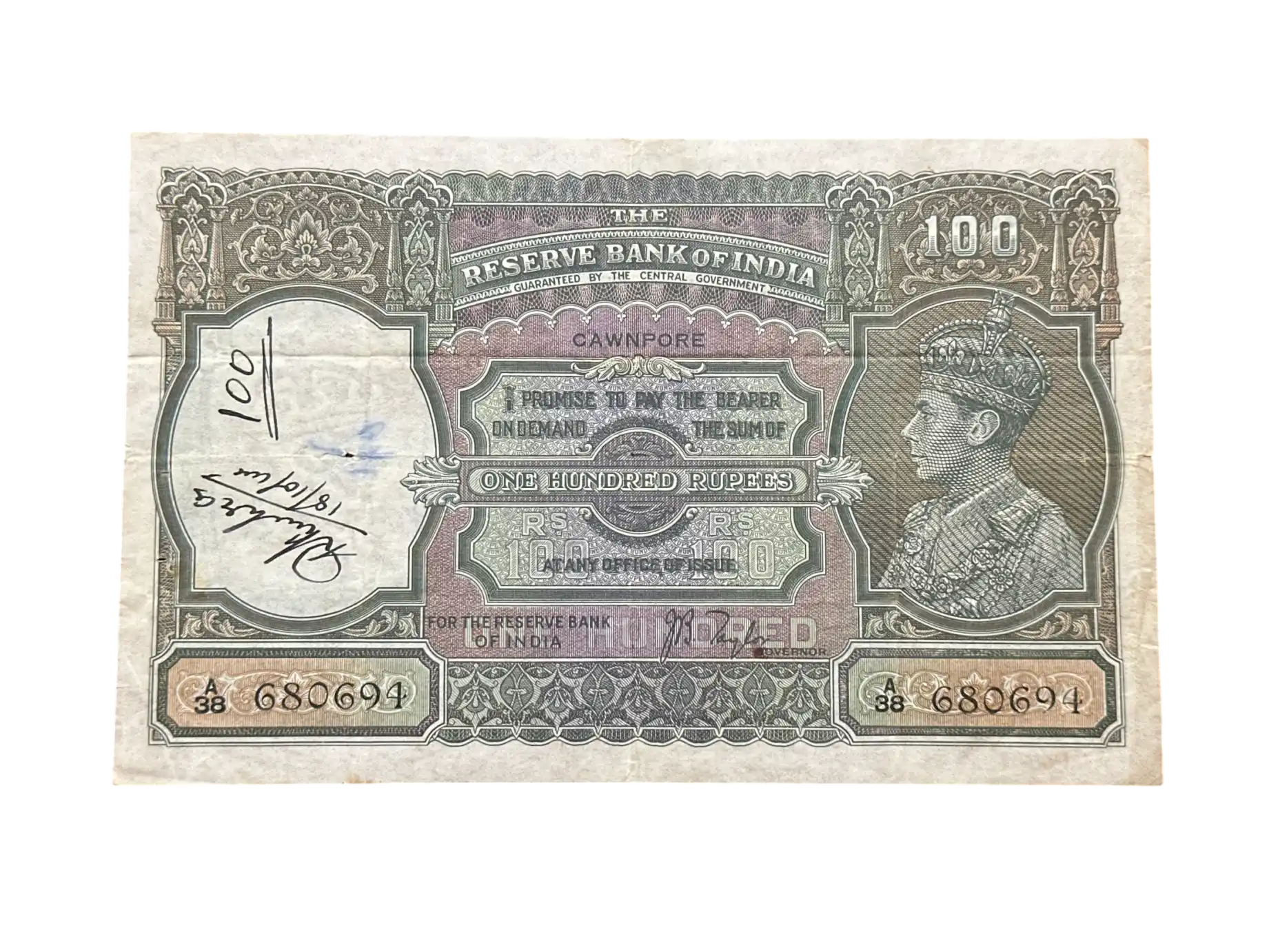 British India, 1938 Rupees 100 Banknote, King George VI (KG VI), Sign. J.B. Taylor, Cawnpore Circle, RARE, (A38 680694)