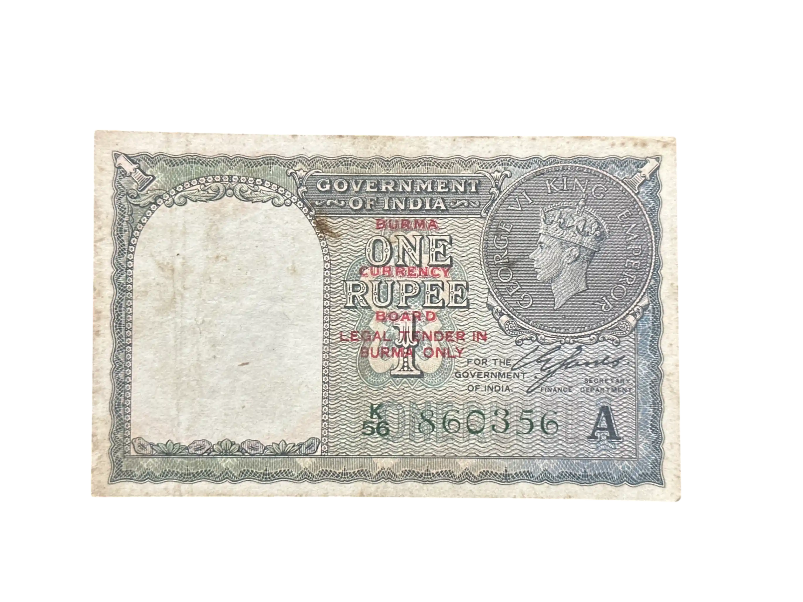 Burma Overprint on British India, 1940 Rupee 1 Banknote, King George VI (KGVI), Sign. C.E. Jones, Inset A, BURMA Currency Board, (K56 860356)