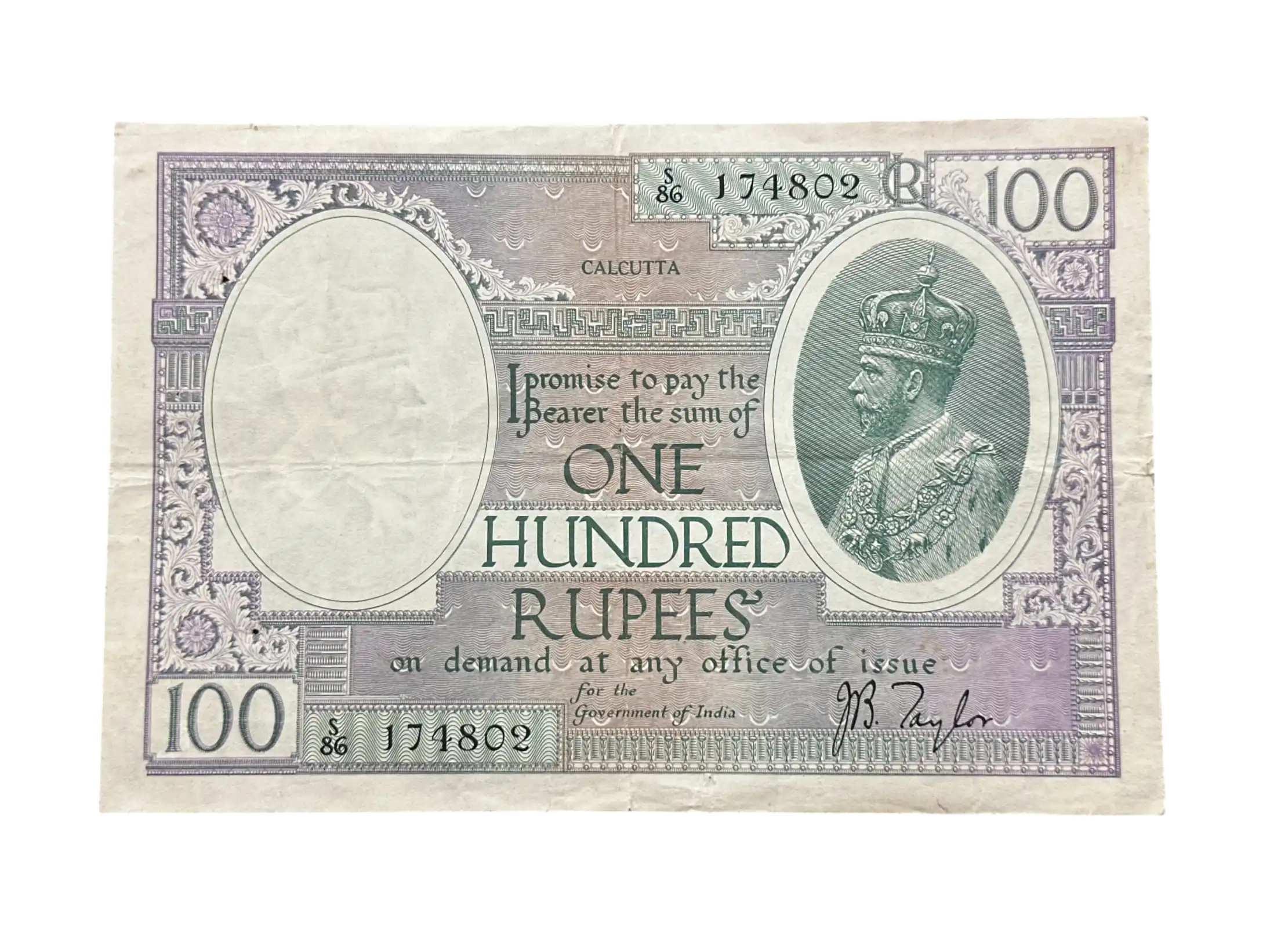 British India, Rupees 100 Banknote, King George V (KG V), Sign. J.B. Taylor, EX. RARE & Scare, (S86 174801)