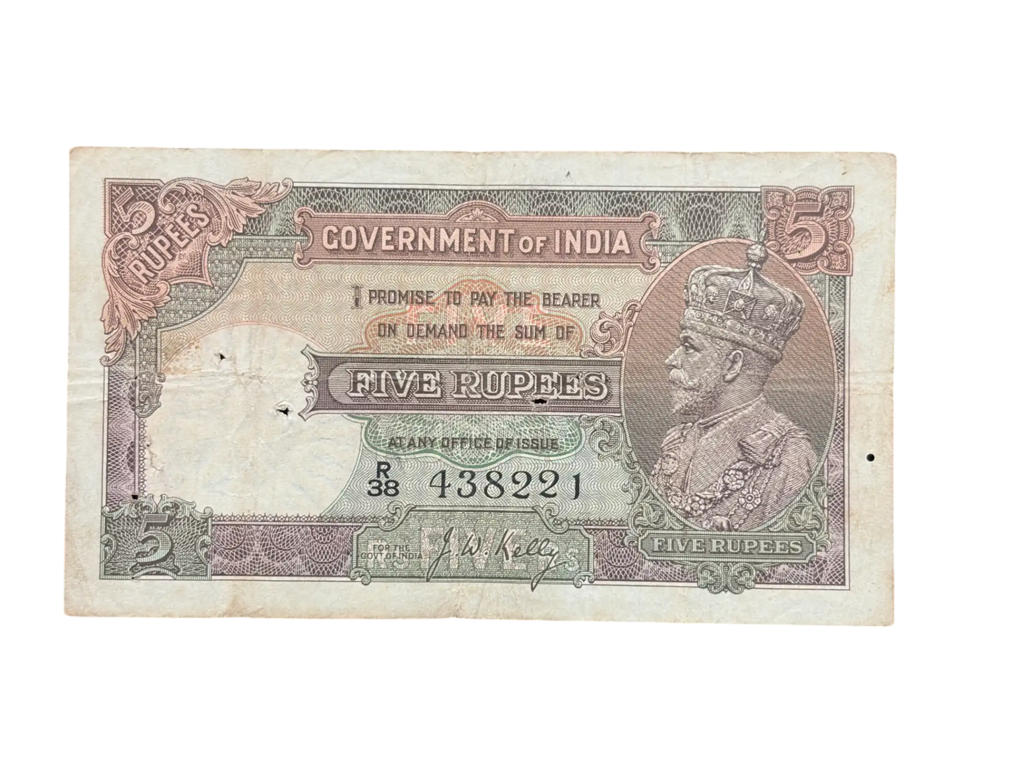 British India, Rupees 5 Banknote, King George V (KG V), Sign. J.W. Kelly, Scare, (R38 438221)