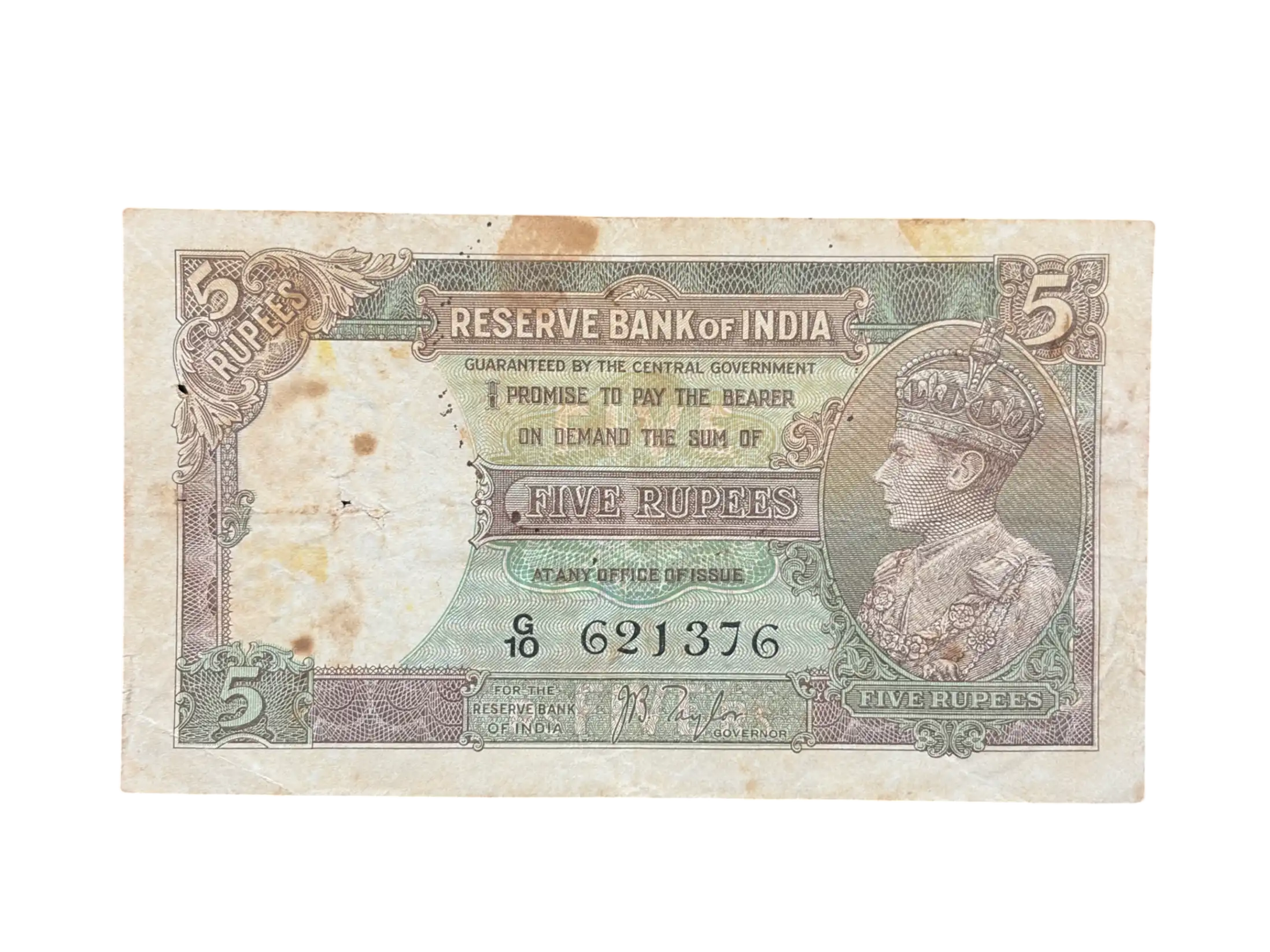 British India, 1938 Rupees 5 Banknote, King George VI (KG VI), Sign. J. B. Taylor, (G10 621376)
