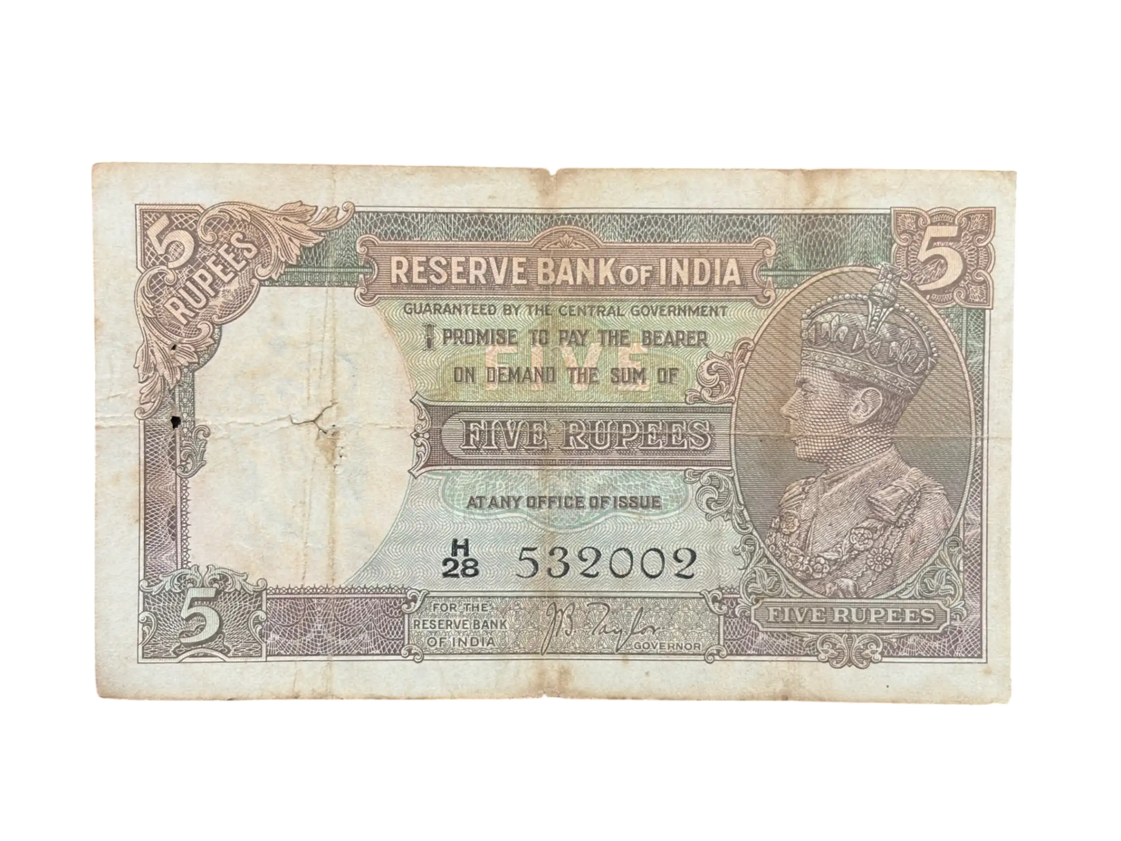British India, 1938 Rupees 5 Banknote, King George VI (KG VI), Sign. J. B. Taylor, (H28 532002)