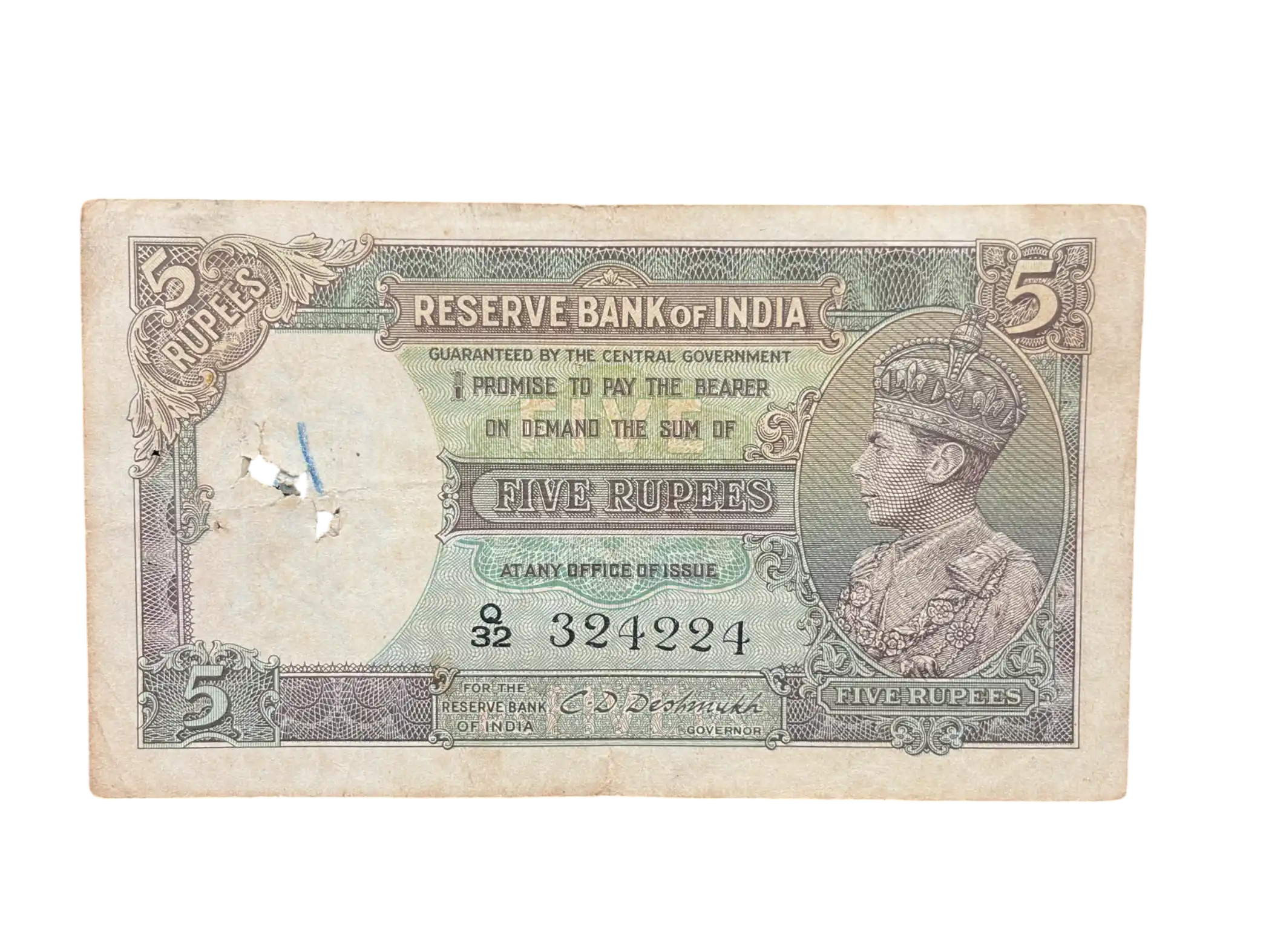 British India, 1944 Rupees 5 Banknote, King George VI (KG VI), Sign. C.D. Deshmukh, (Q32 324224)