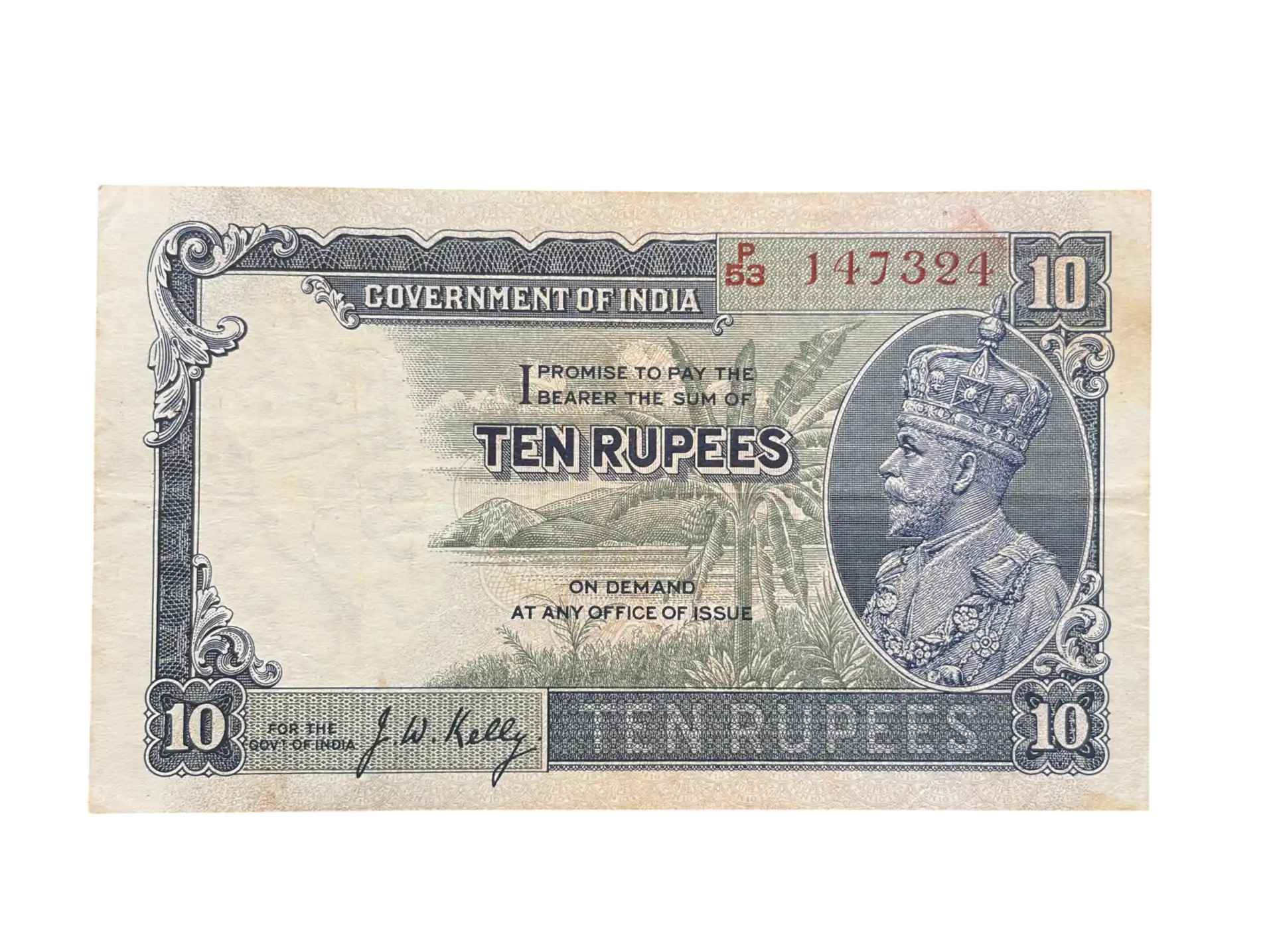 British India, Rupees 10 Banknote, King George V (KG V), Sign. J.W. Kelly, Scare, (P53 147324)