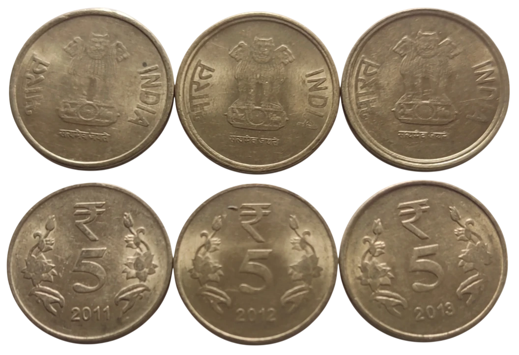 RARE 5 RUPEES MULE COIN 2011-13 CALCUTTA MINT, 1 RUPEE'S OBVERSE STRUCK