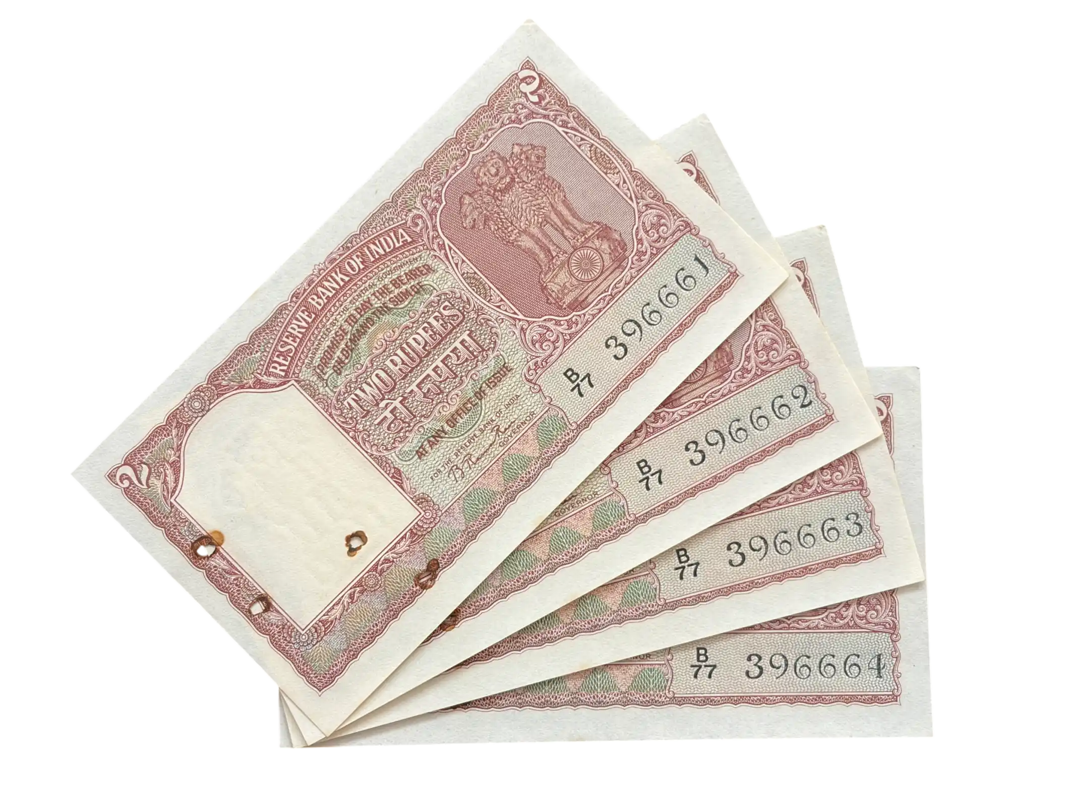India, 1951 Rupees 5 x 4 Consecutive Serial Banknotes, 2nd Issue, Sign. B. Rama Rau, UNC, (B77 396661)