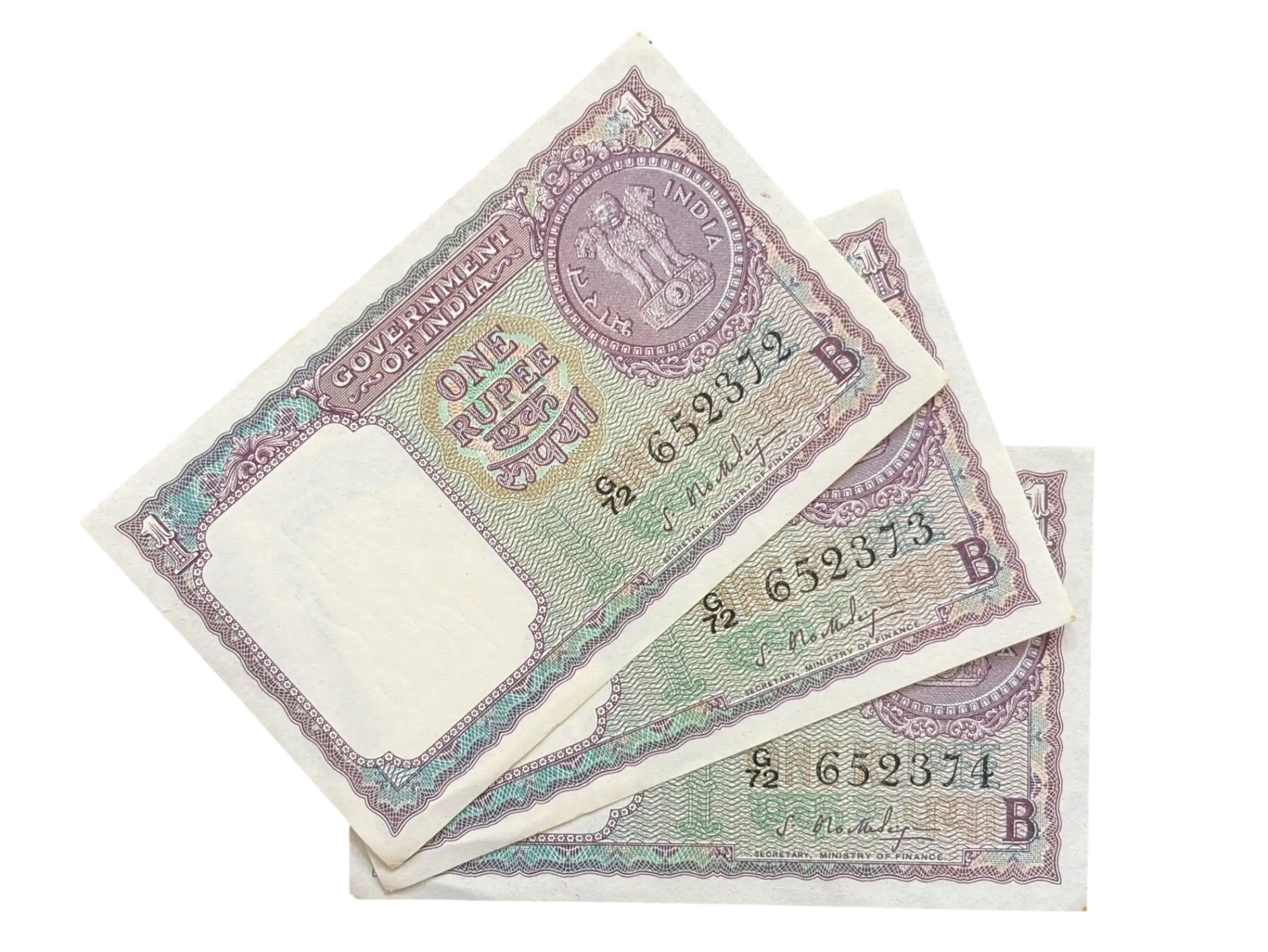 India, 1965 Rupee 1 x 5 Consecutive Serial Banknotes, Sign. S. Bhoothalingam, Inset B, UNC, (G72 652372)