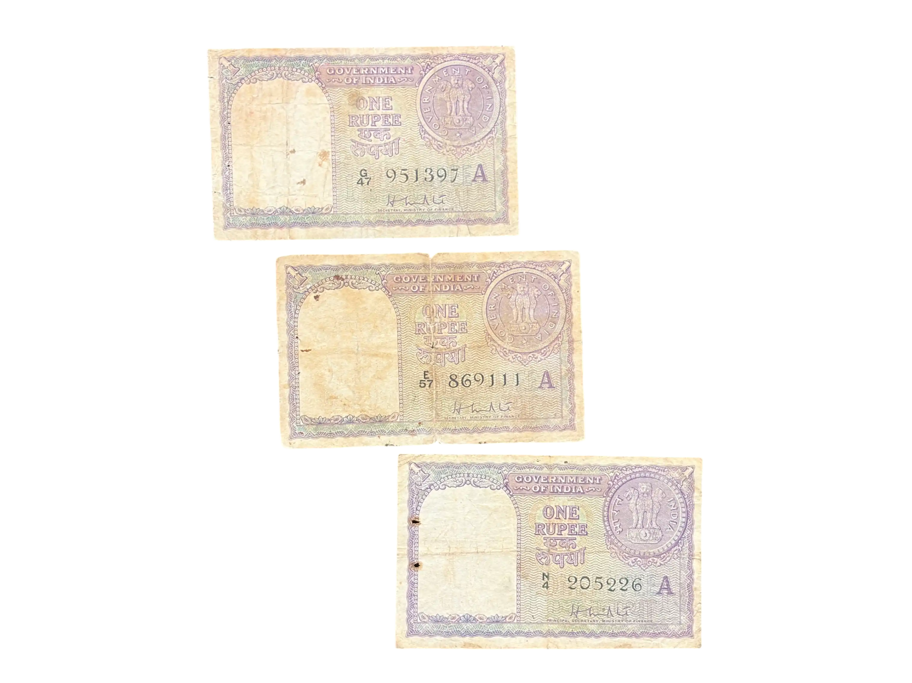 India, 1951, 1957 Rupee 1 x 3 Banknotes, Sign. H.M. Patel, Inset A, (G47 951397)